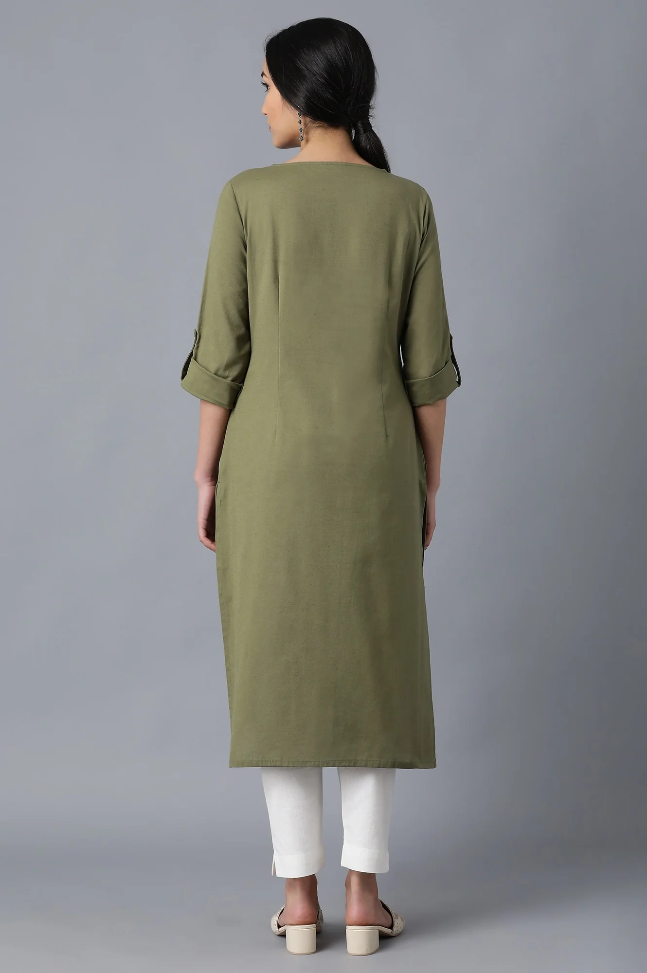 Green Round Neck Solid kurta - Image 2