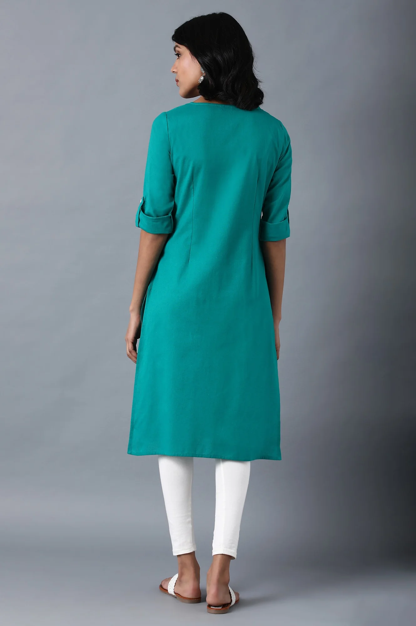 Green Round Neck Solid kurta - Image 2
