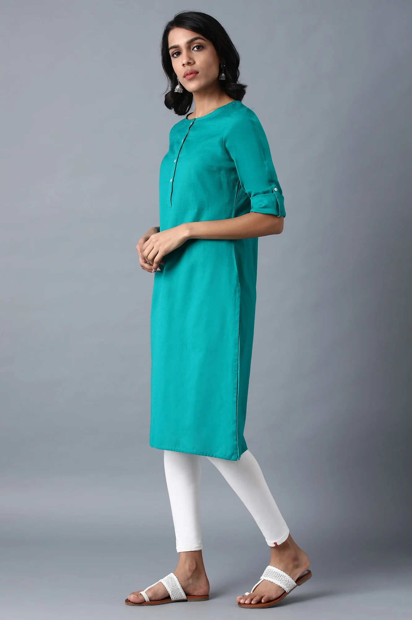 Green Round Neck Solid kurta - Image 3