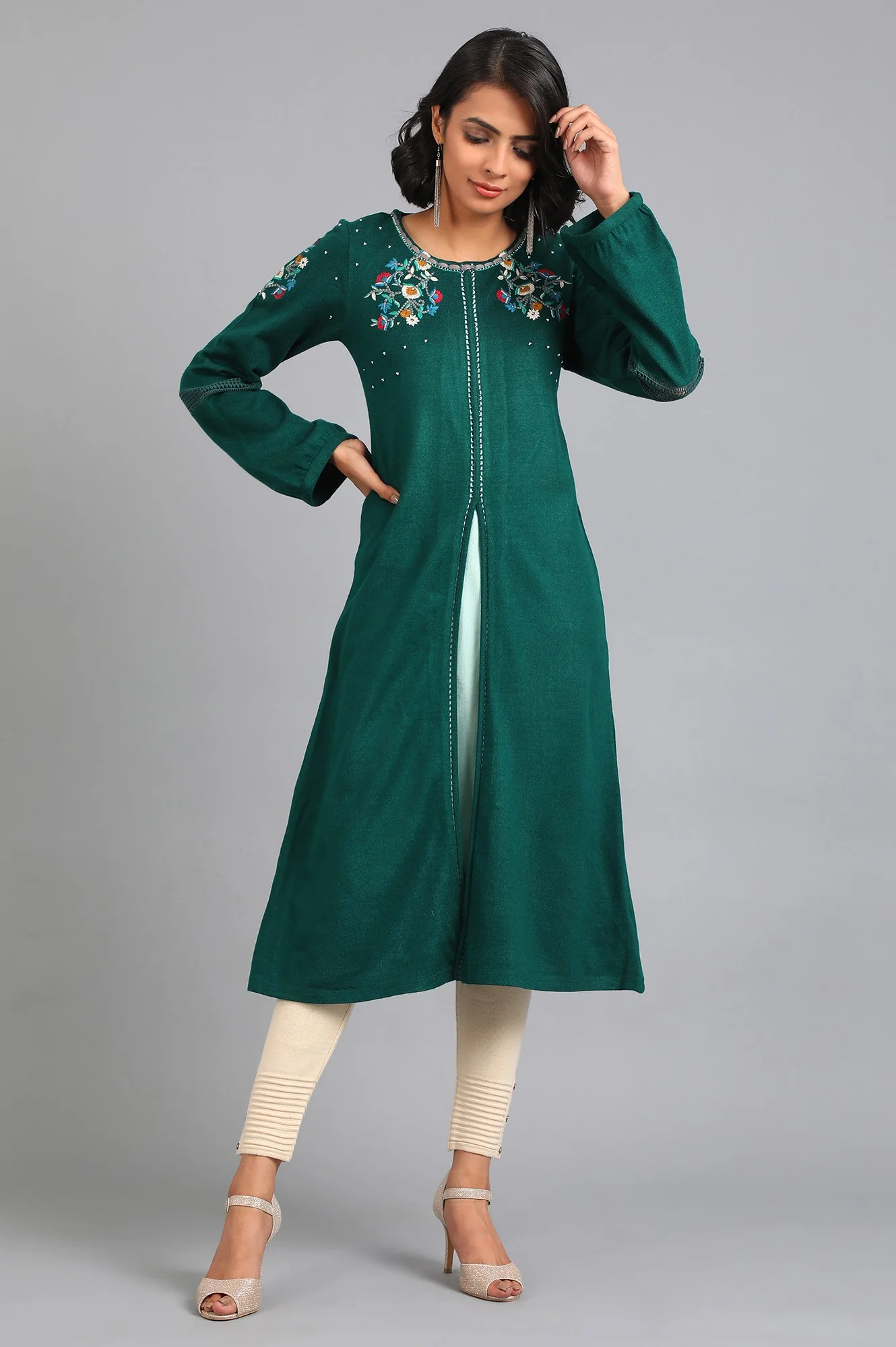 Green Round Neck Winter Kurta