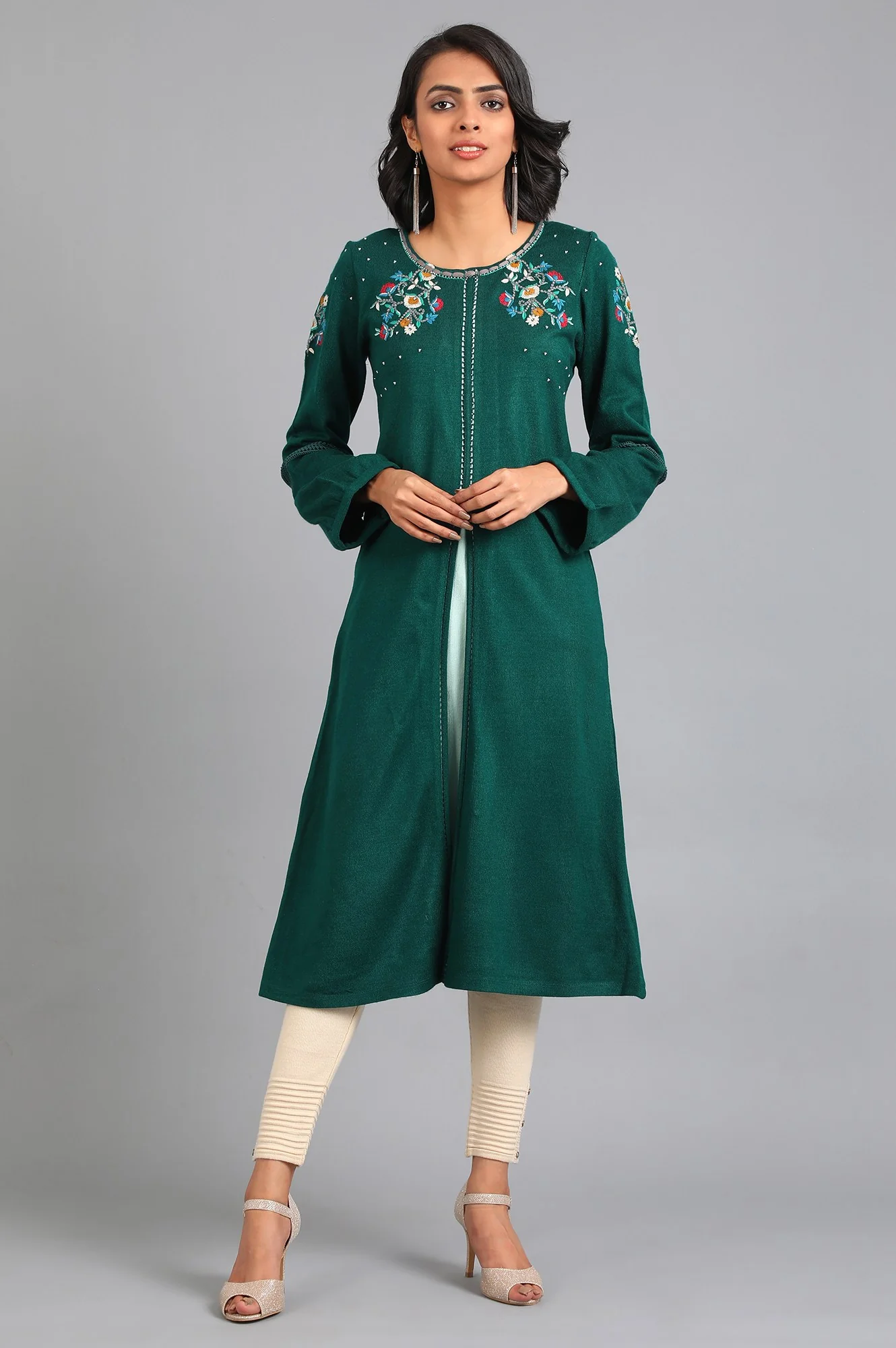 Green Round Neck Winter Kurta - Image 2