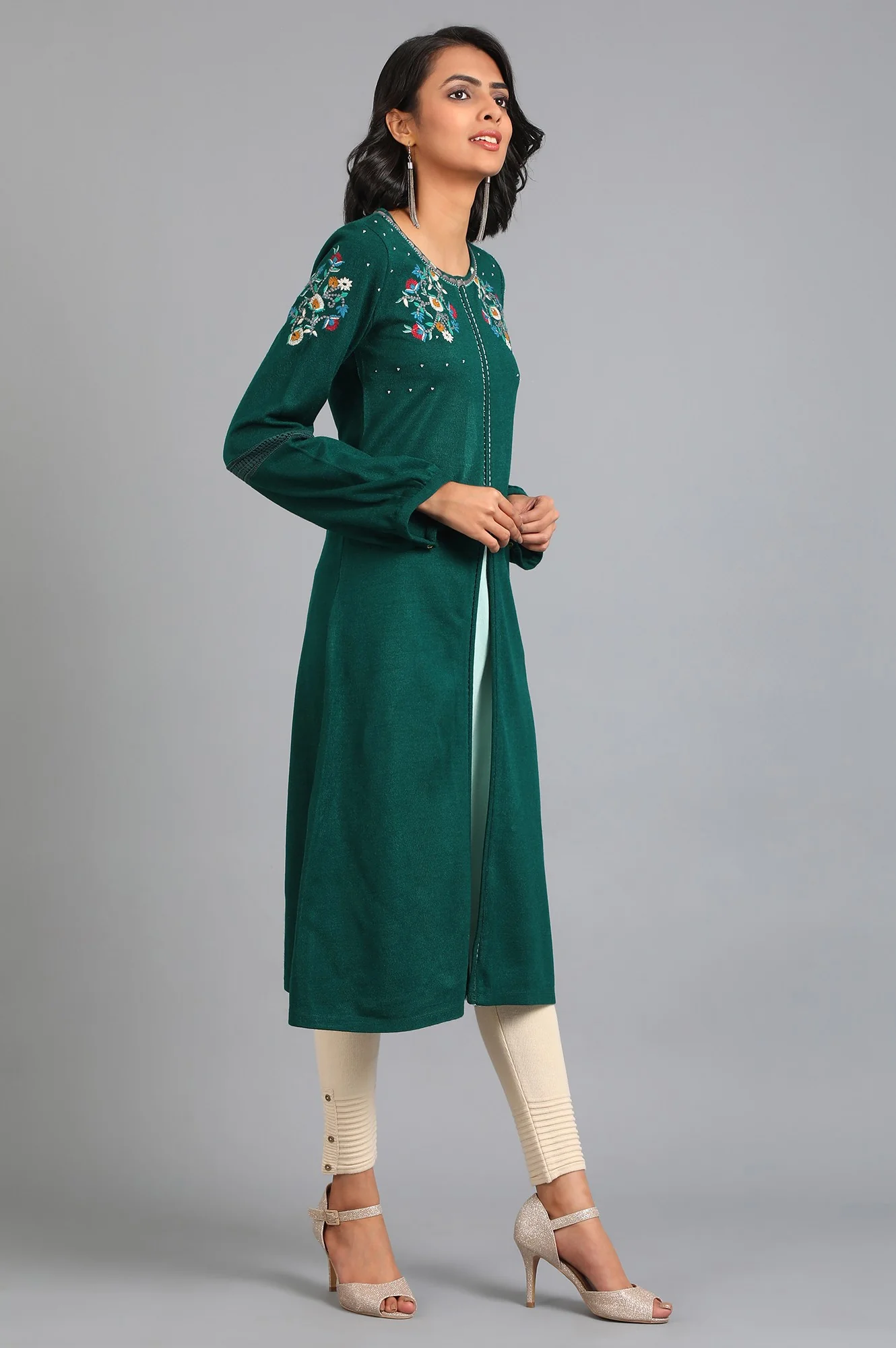 Green Round Neck Winter Kurta - Image 4