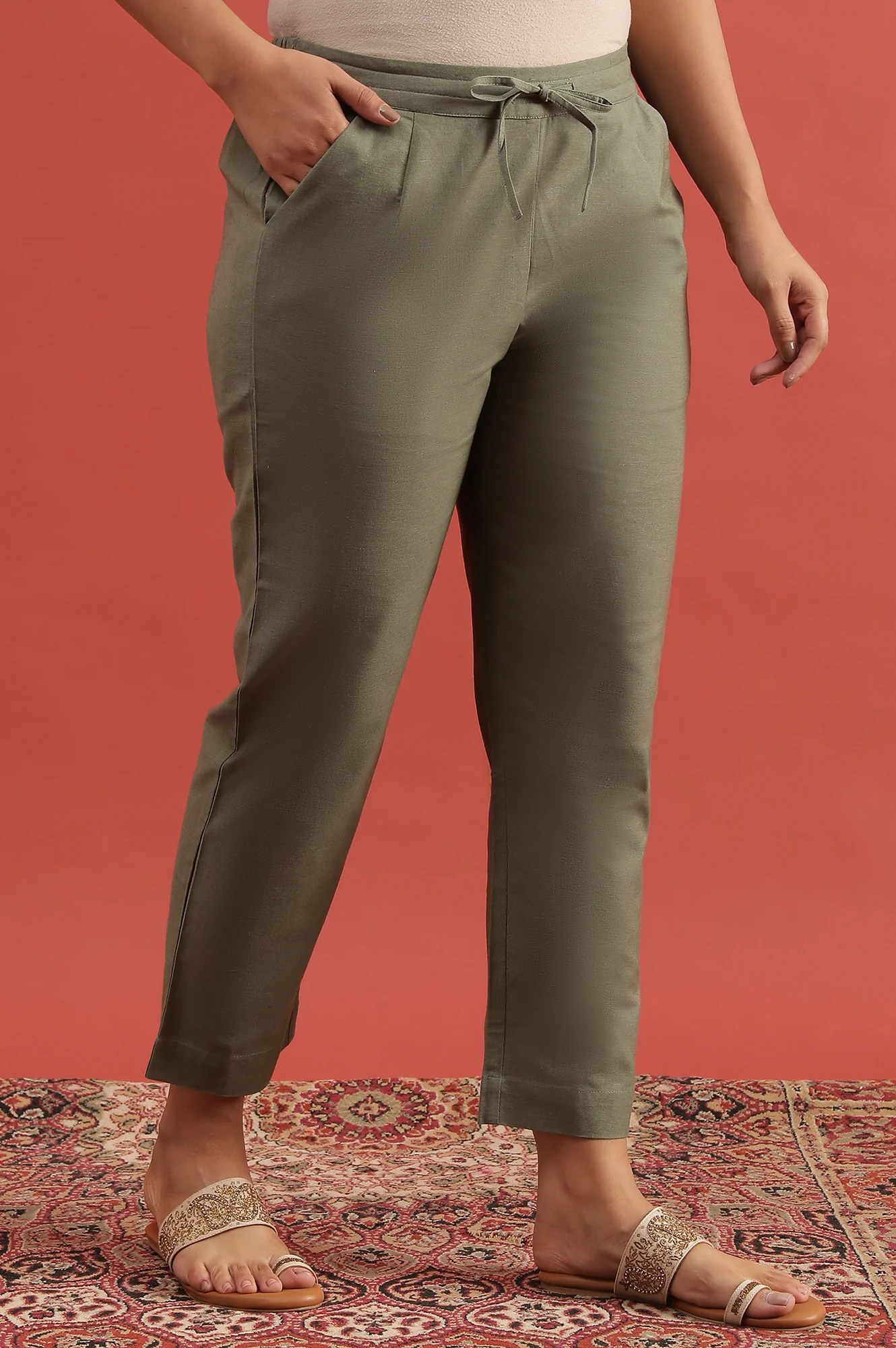 Green Solid Straight Pants - Image 2