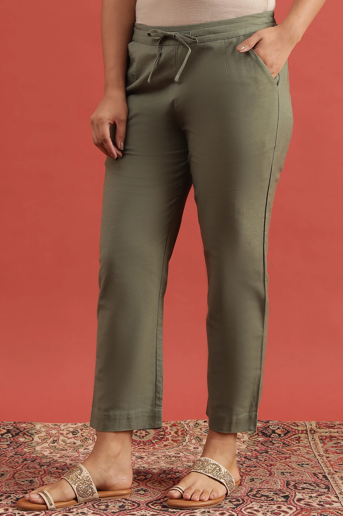Green Solid Straight Pants - Image 3