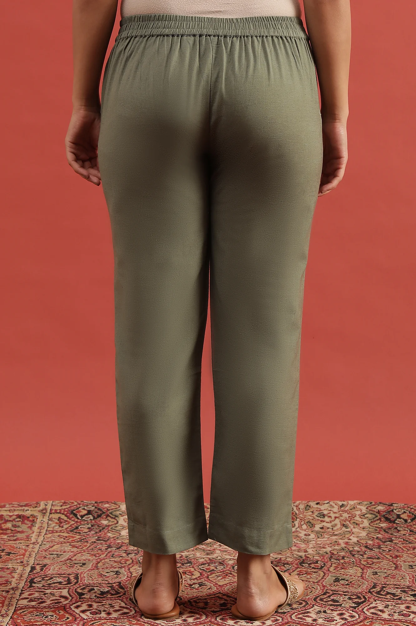 Green Solid Straight Pants - Image 4
