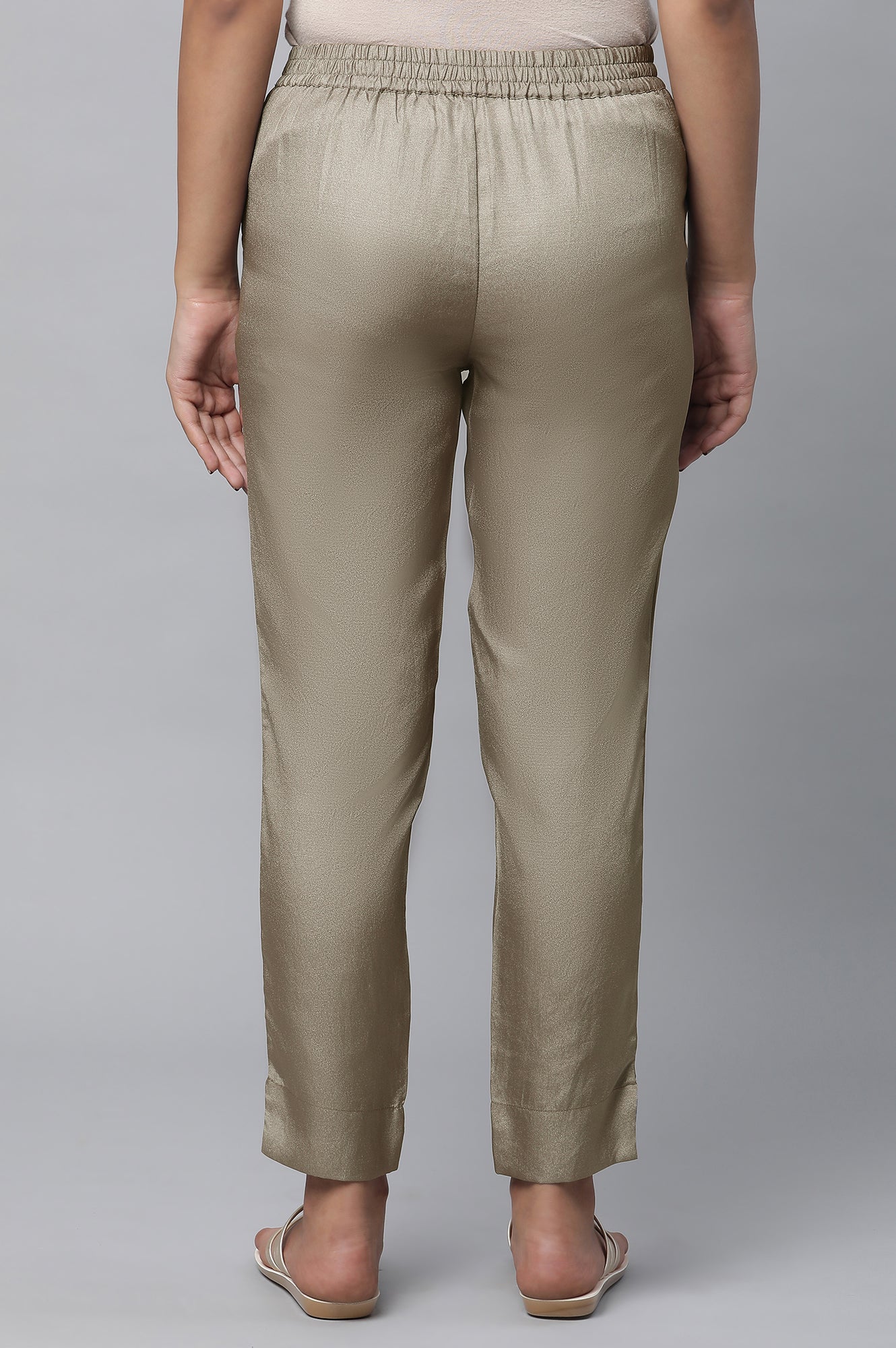 Olive Gold Solid Straight-fit Silk Pants with Side Pockets - Image 2