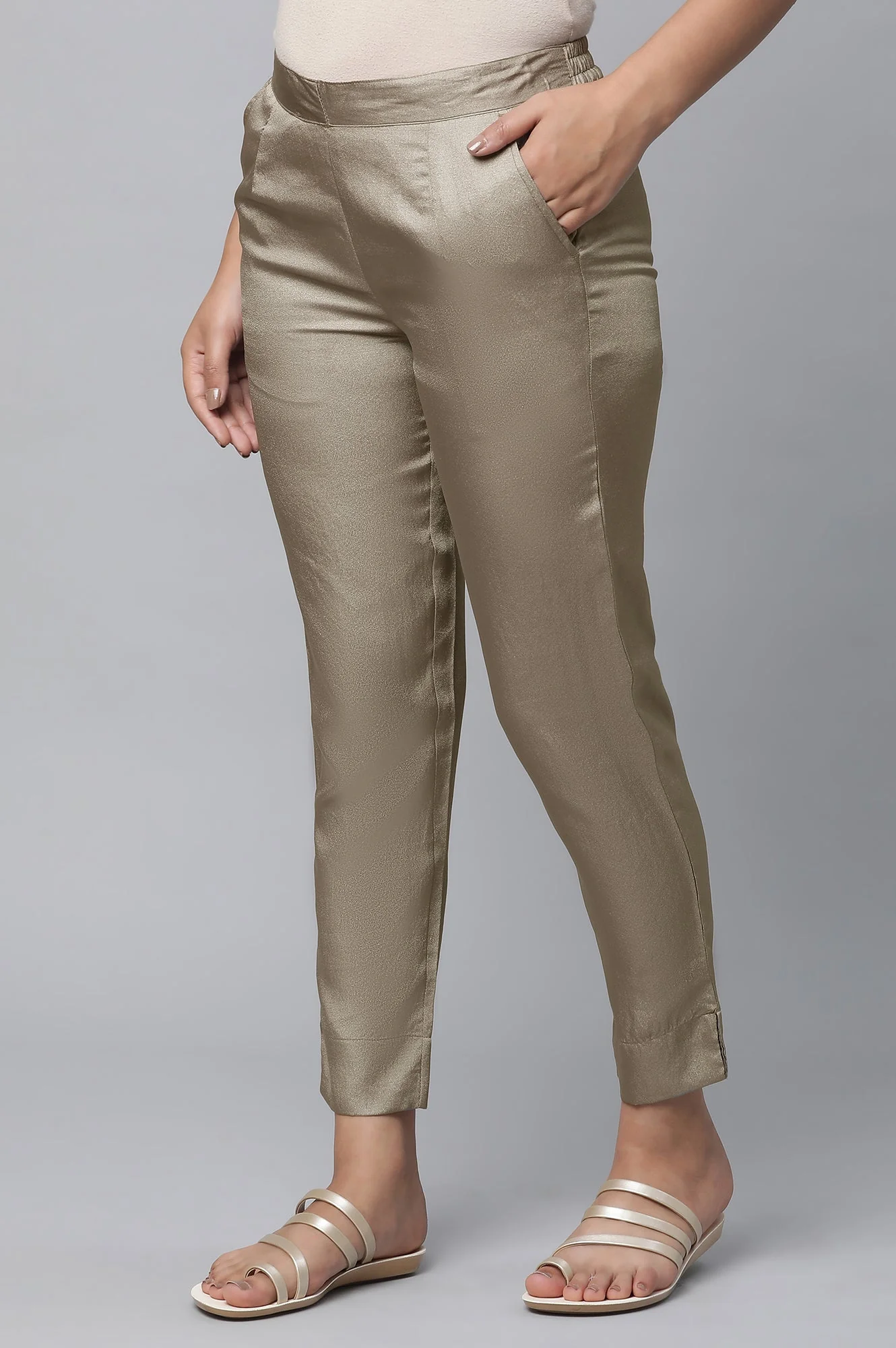 Olive Gold Solid Straight-fit Silk Pants with Side Pockets - Image 3