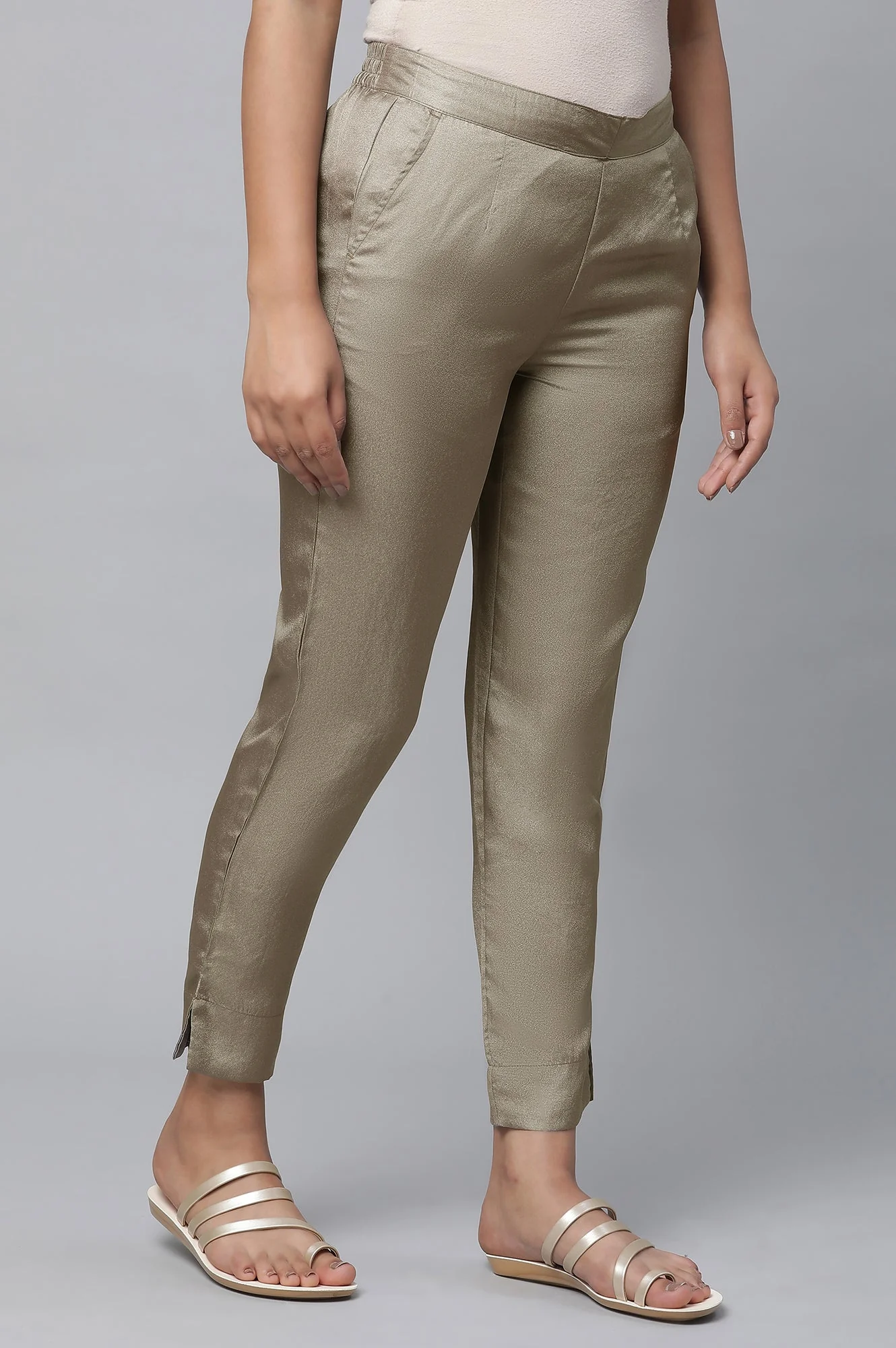 Olive Gold Solid Straight-fit Silk Pants with Side Pockets - Image 4