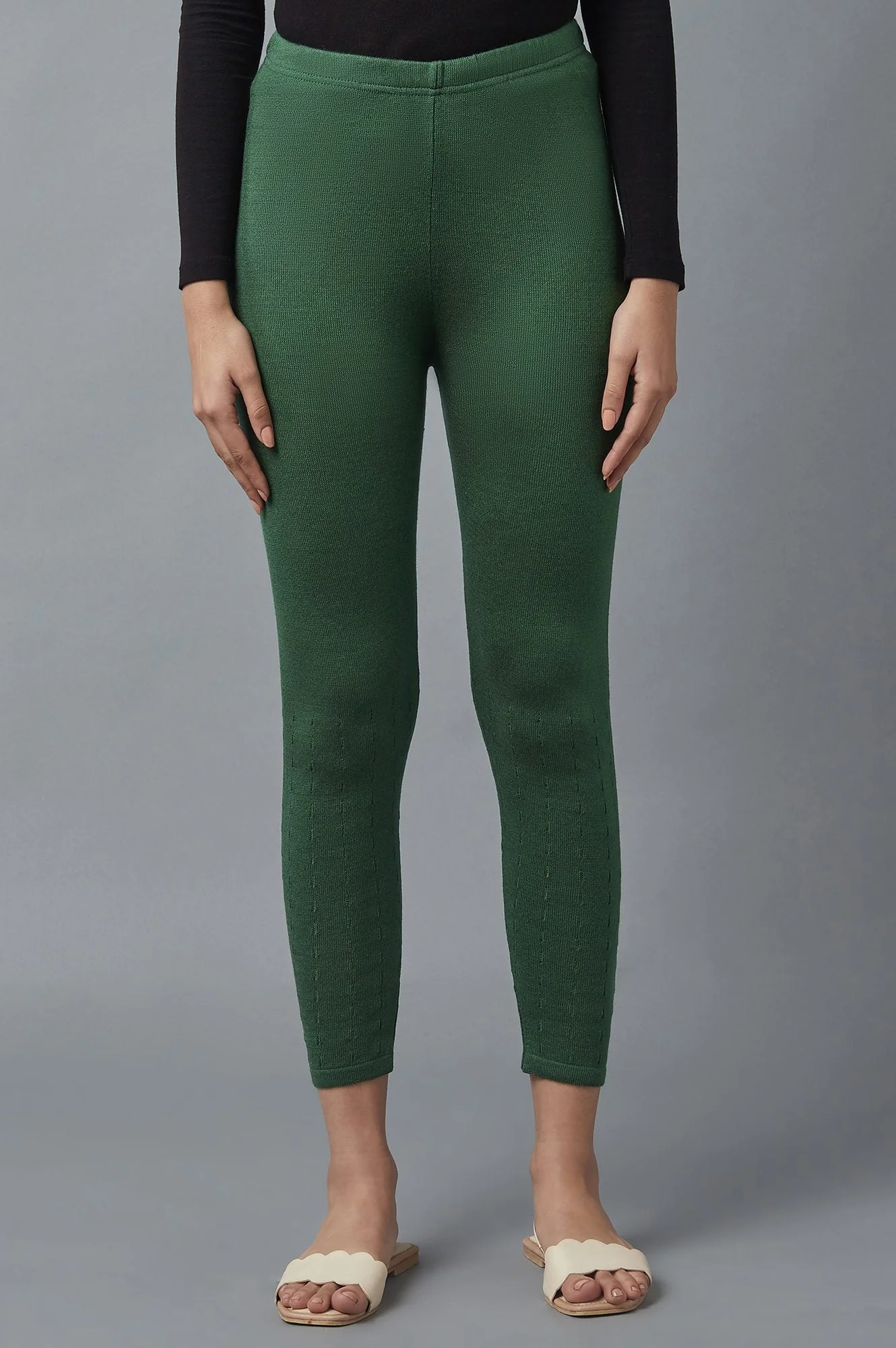Elleven Women's Green Pointelle Skinny Fit Tights With Elasticated Waist