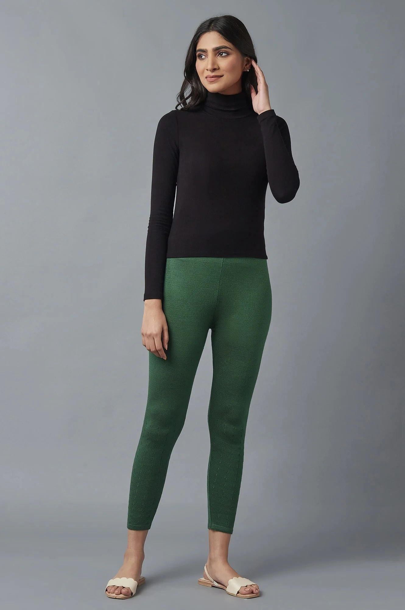 Elleven Women's Green Pointelle Skinny Fit Tights With Elasticated Waist - Image 5