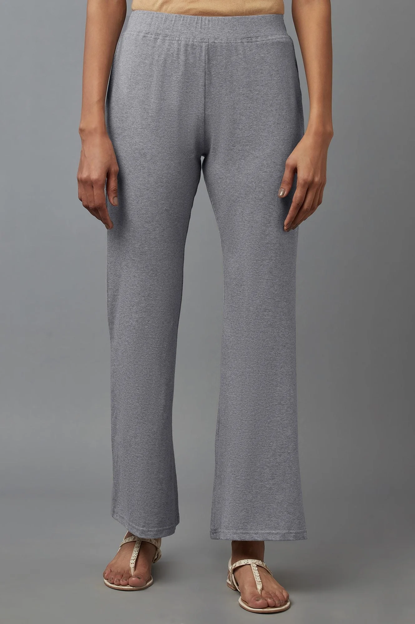 Elleven Women's Grey Solid Flared Cotton Pants With Slip On Closure