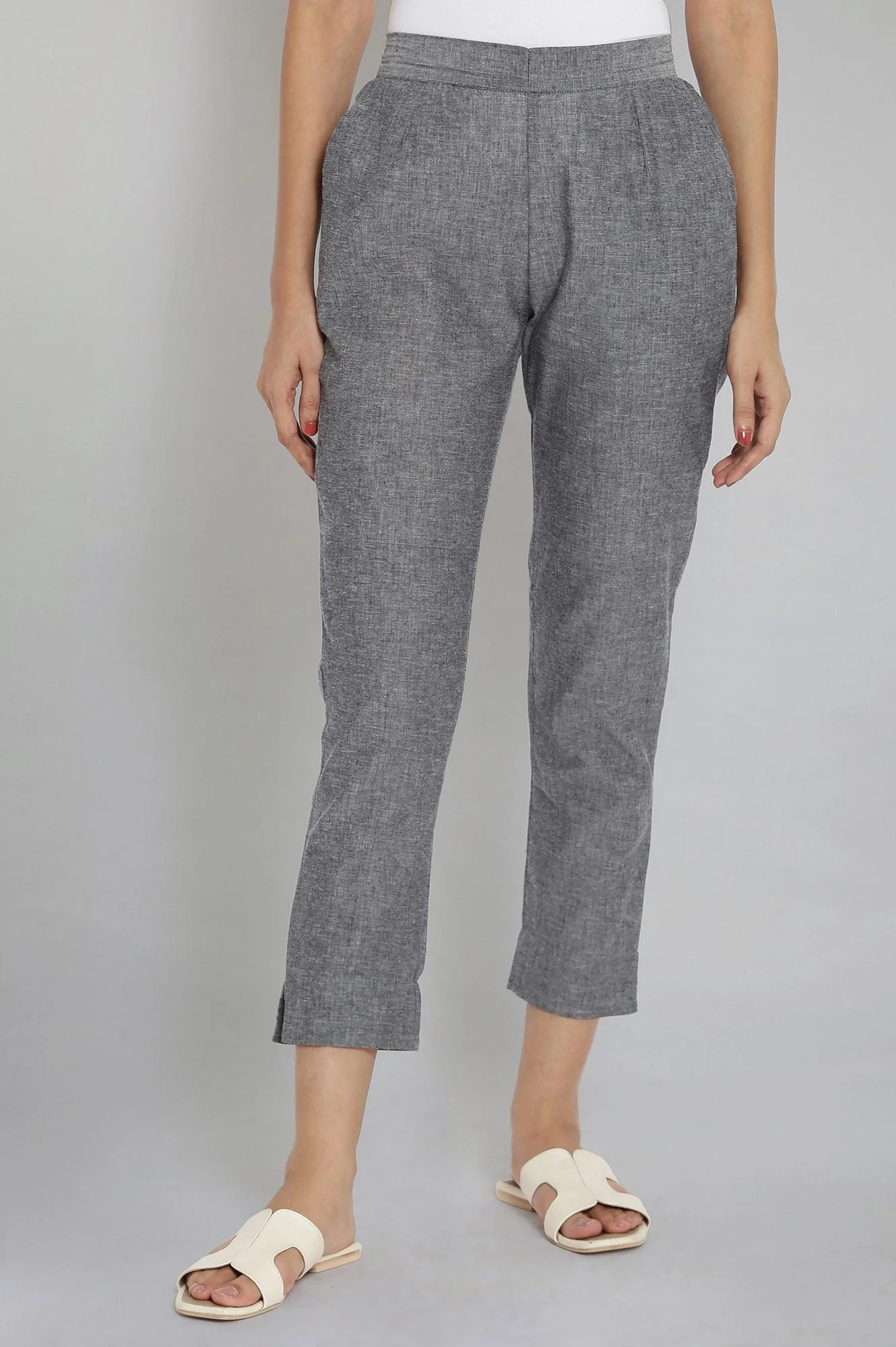 Elleven Women's Grey Solid Straight Fit Cotton Trousers With Elasticated Waistband