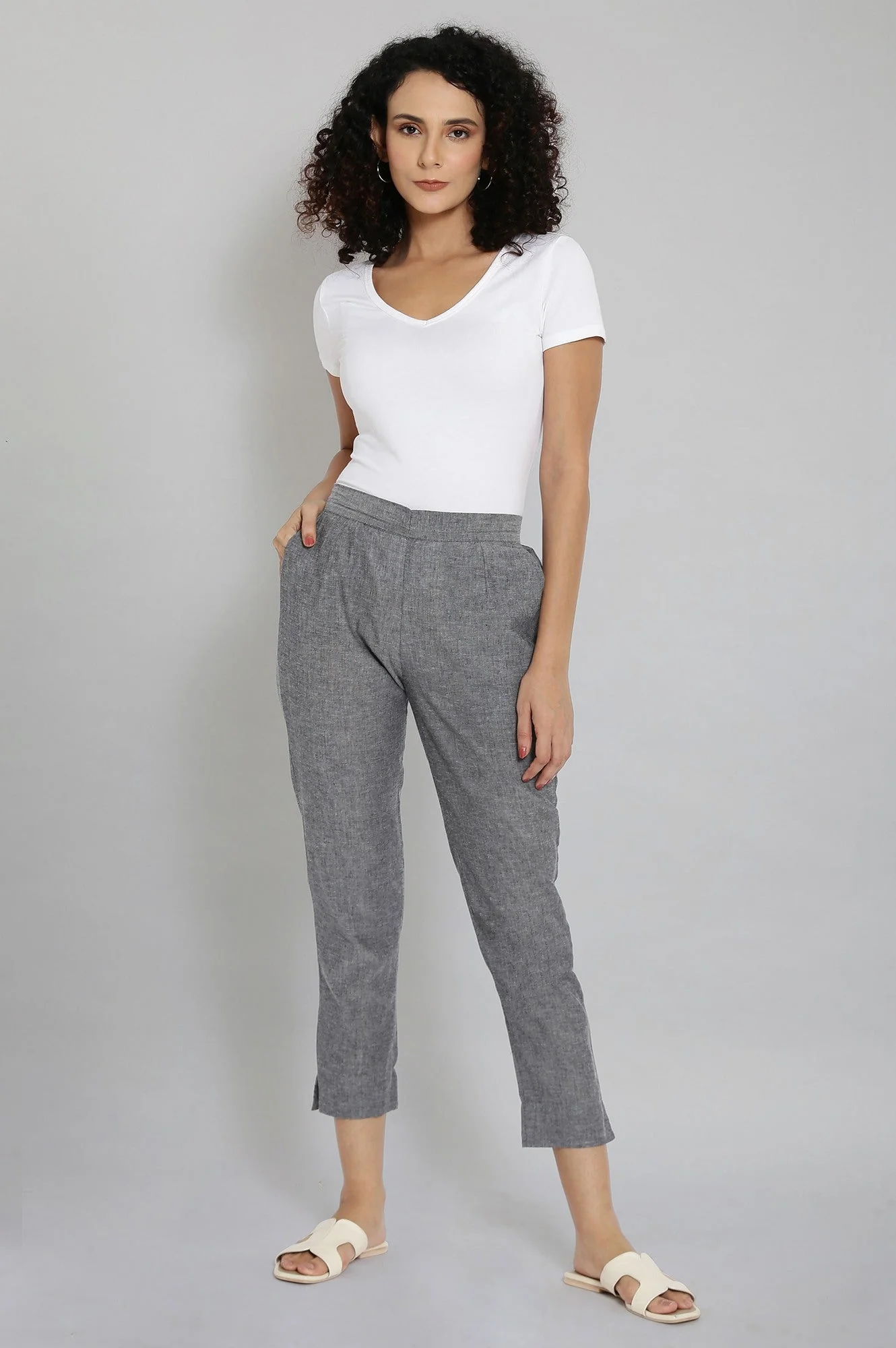 Elleven Women's Grey Solid Straight Fit Cotton Trousers With Elasticated Waistband - Image 5