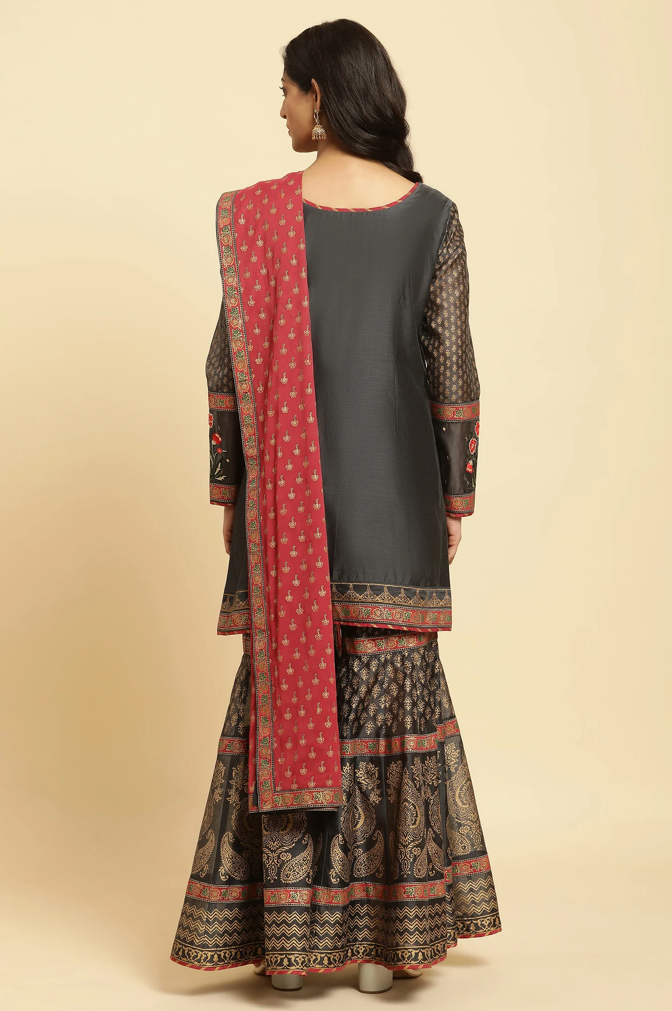 Grey Embroidered Short Kurta, Sharara And Dupatta - Image 4