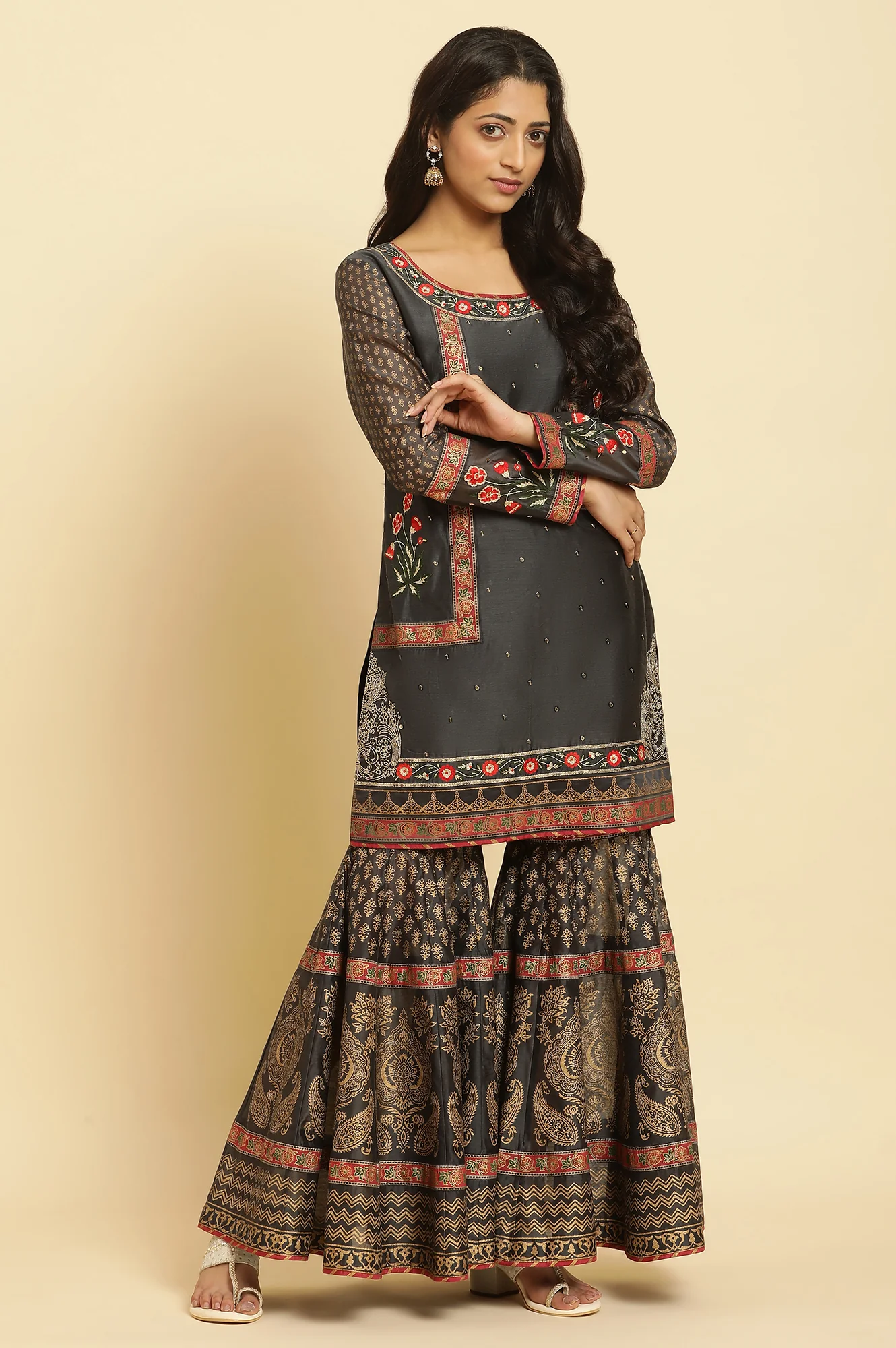 Grey Embroidered Short Kurta, Sharara And Dupatta - Image 5