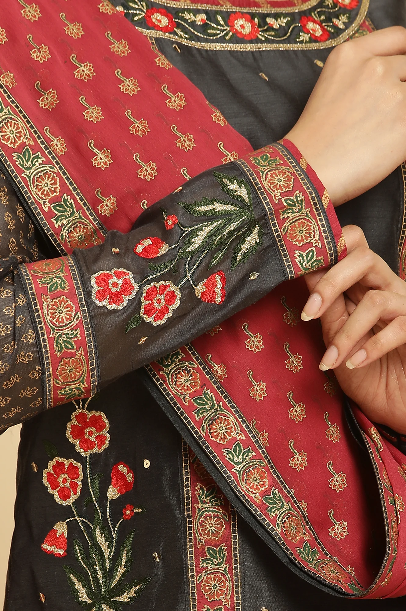 Grey Embroidered Short Kurta, Sharara And Dupatta - Image 7