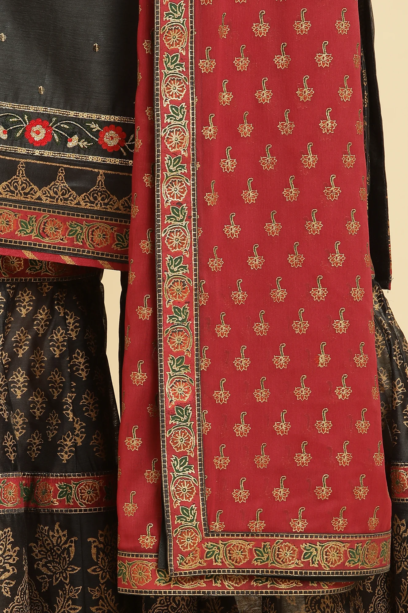Grey Embroidered Short Kurta, Sharara And Dupatta - Image 8
