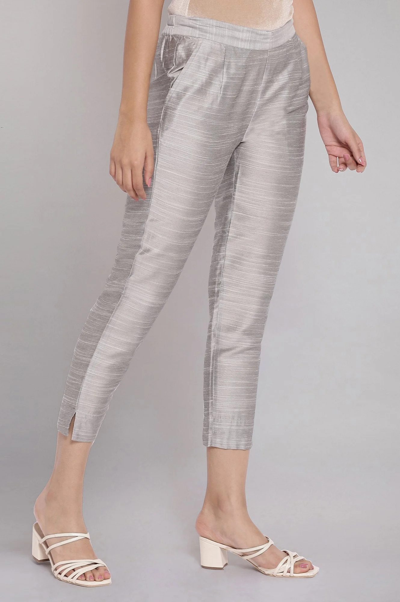 Elleven Women's Grey Solid Straight Fit Woven Pants With Elasticated Waist - Image 4