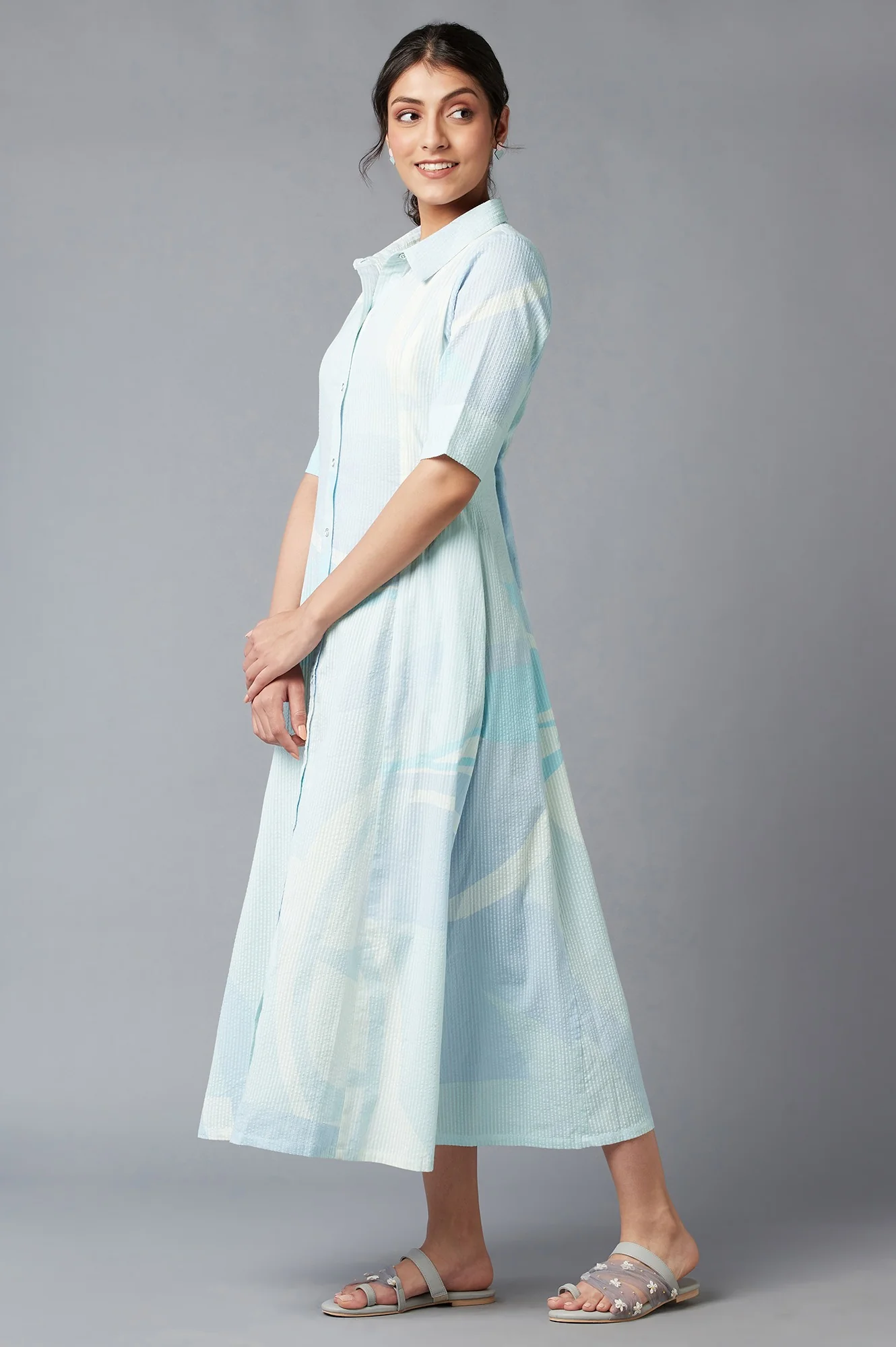 Grey Floral Print Long Shirt Dress - Image 3