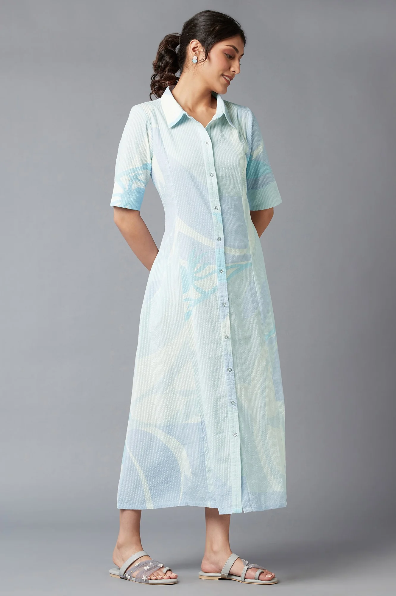 Grey Floral Print Long Shirt Dress - Image 4