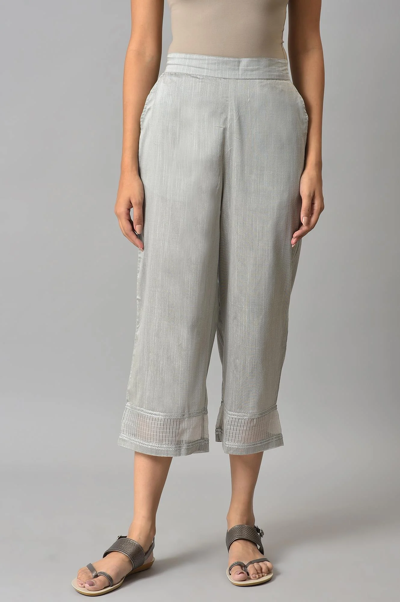 Elleven Women's Grey Solid Straight Fit Culottes With Elasticated Waist