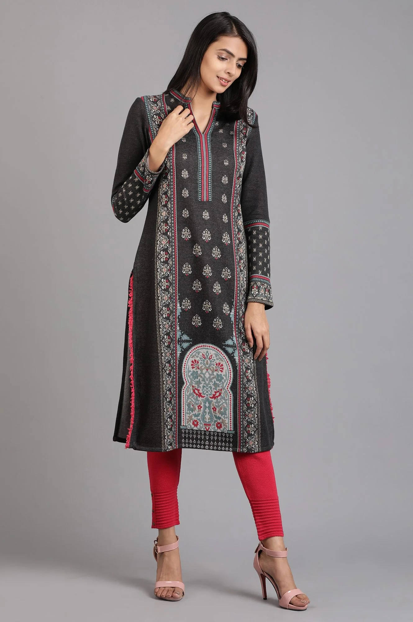Grey Mandarin Neck Yarn-dyed Winter kurta - Image 4