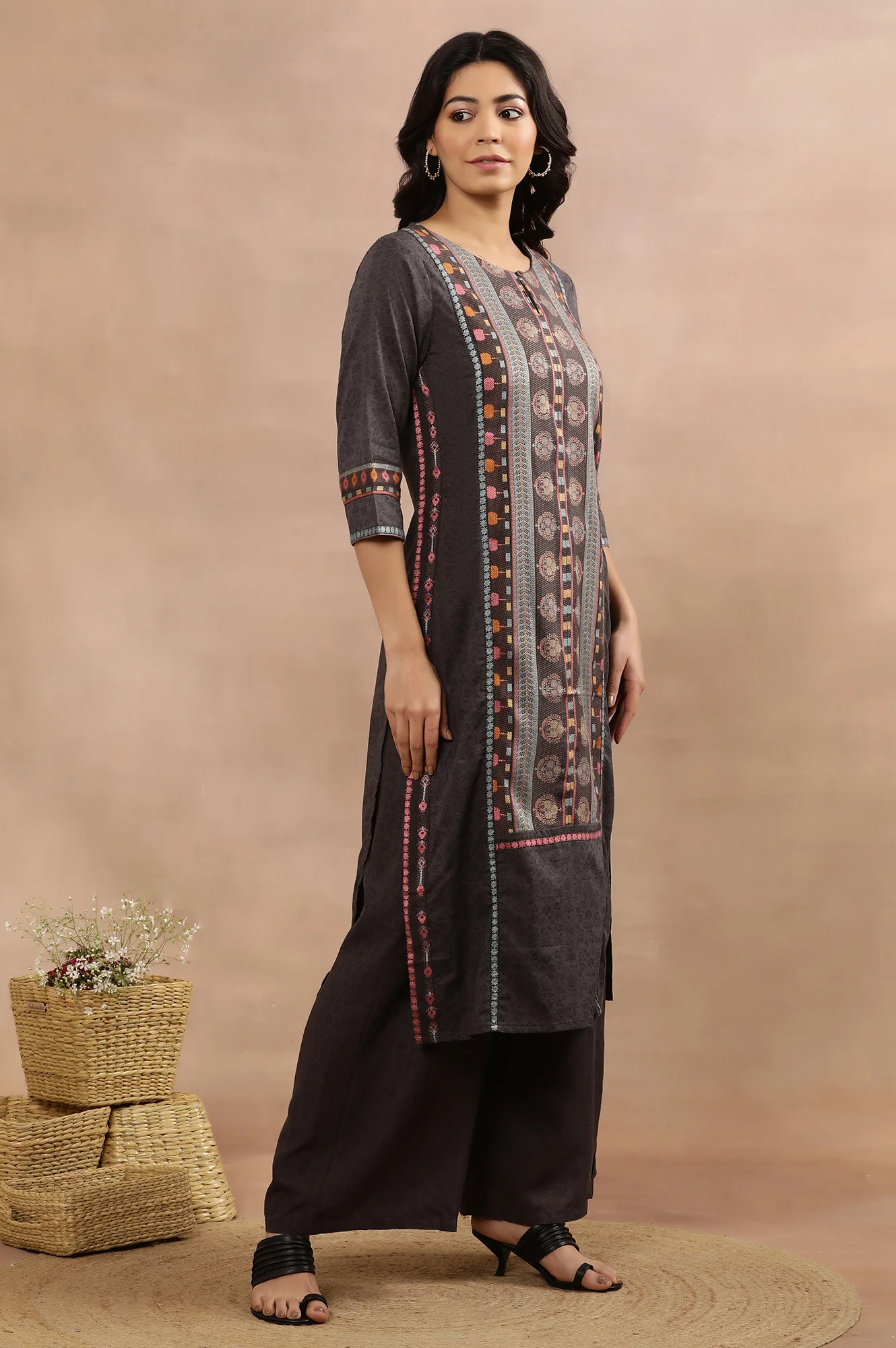 Grey Printed Straight Kurta, Parallel Pants And Dupatta Set - Image 5