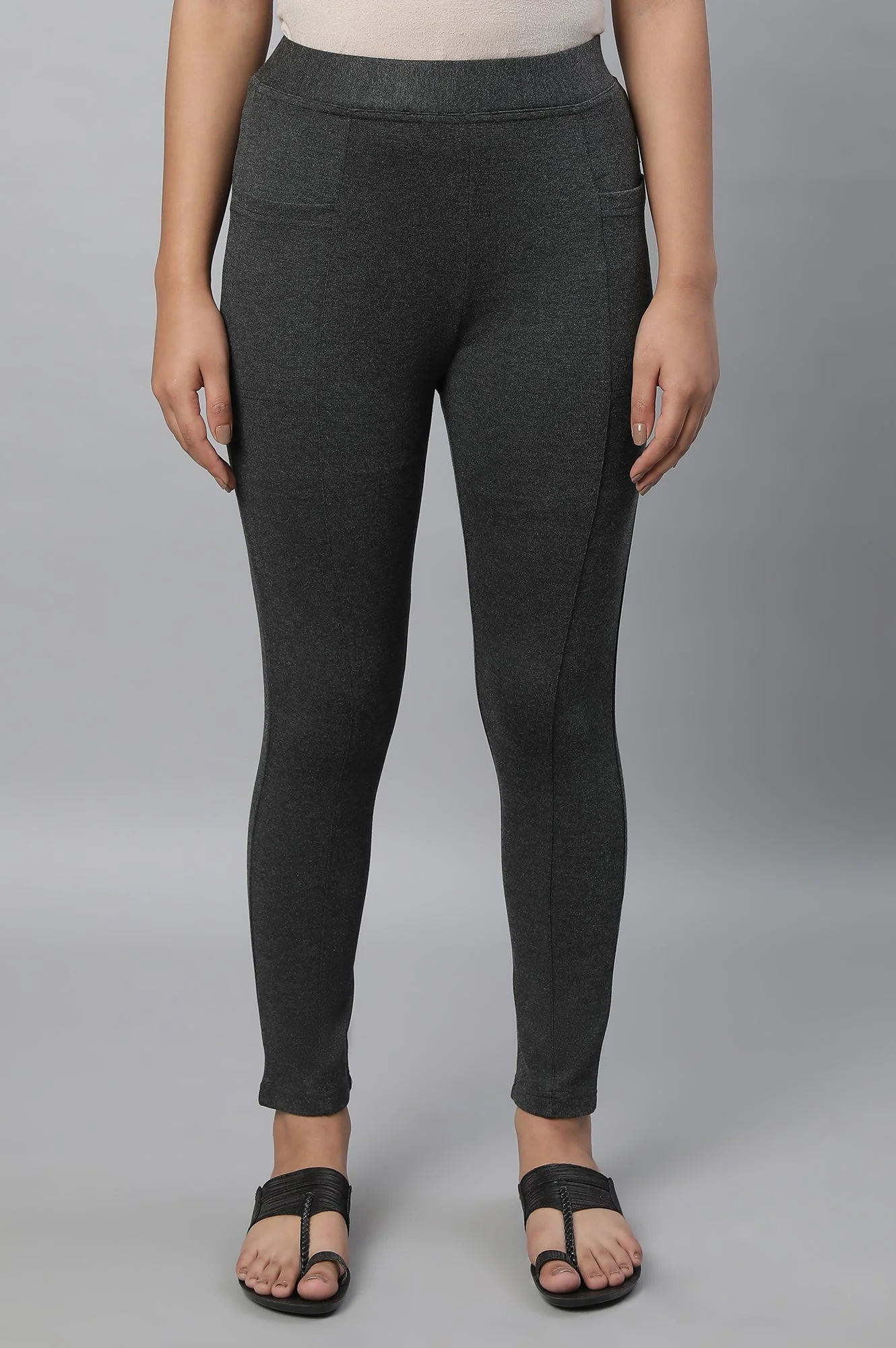 Elleven Women's Grey Solid Skinny Fit Tights With Elasticated Waistband
