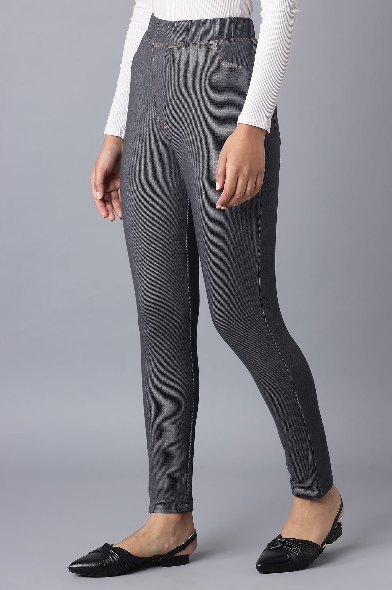 Elleven Women's Grey Solid Skinny Fit Cotton Jeggings With Elasticated Waist - Image 3
