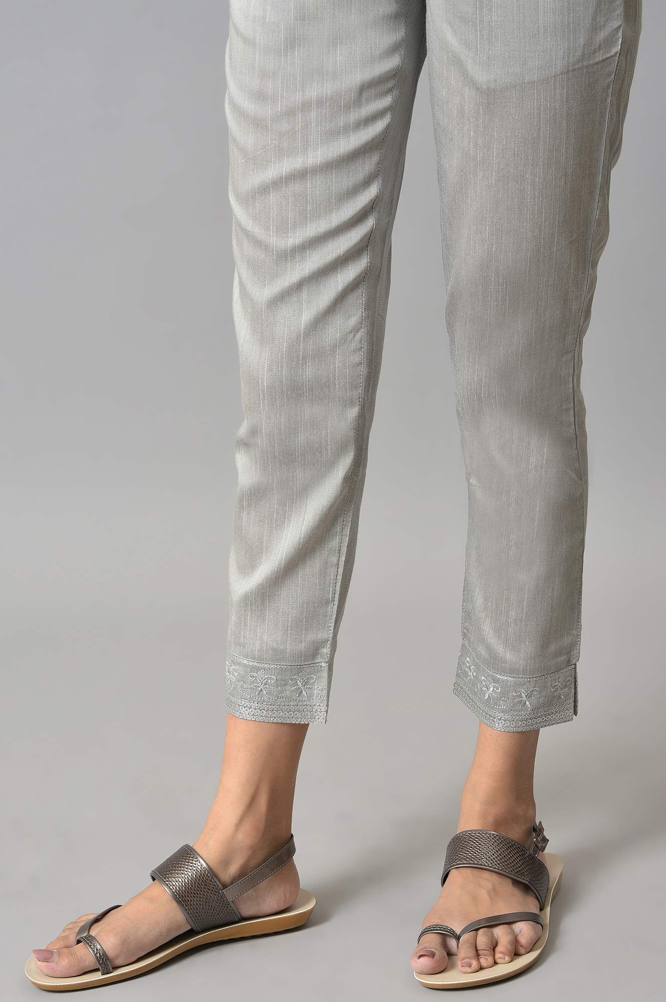 Elleven Women's Grey Floral Embroidered Straight Fit Woven Pants With Elasticated Waist - Image 8