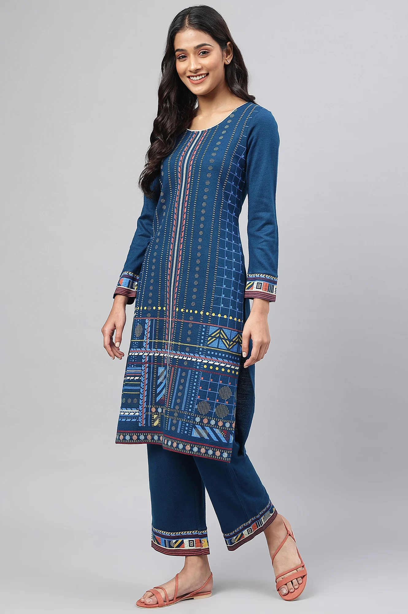 Indigo Ajrakh Print kurta In Lustrous Satin - Image 4