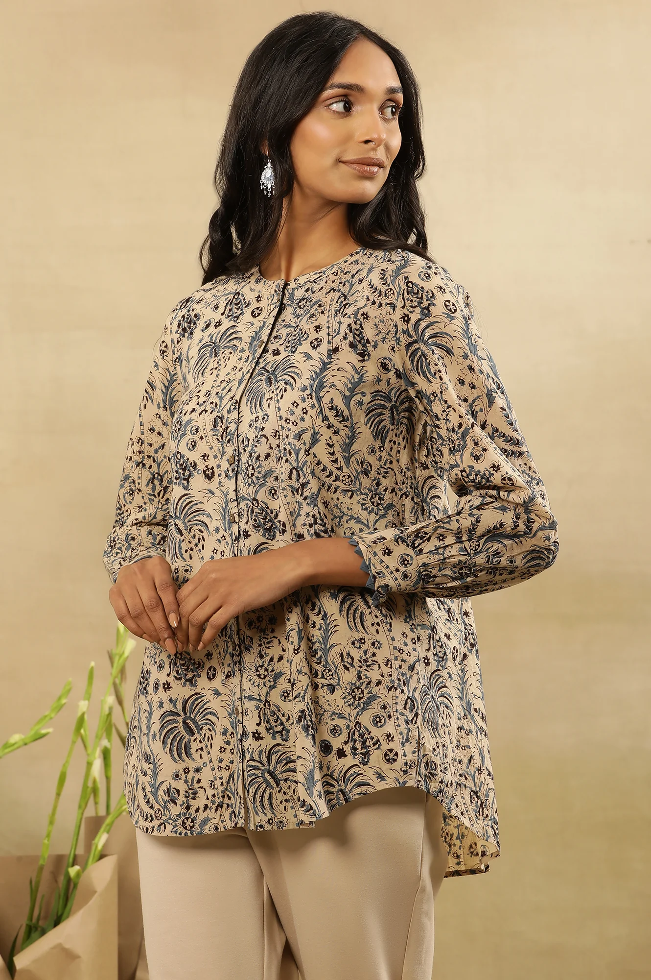 Indigo Block Print Top With Front Placket - Image 2