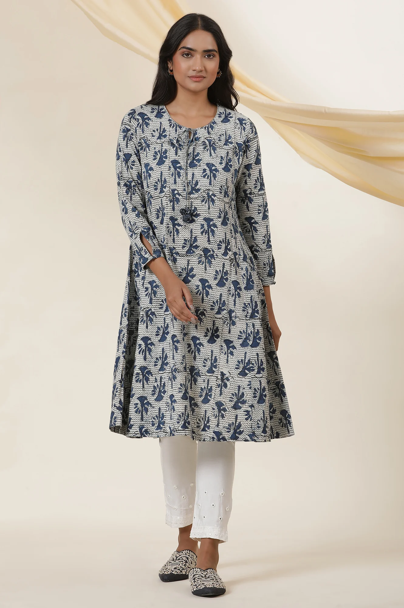 Indigo Block Printed Round Neck Kurta - Image 2