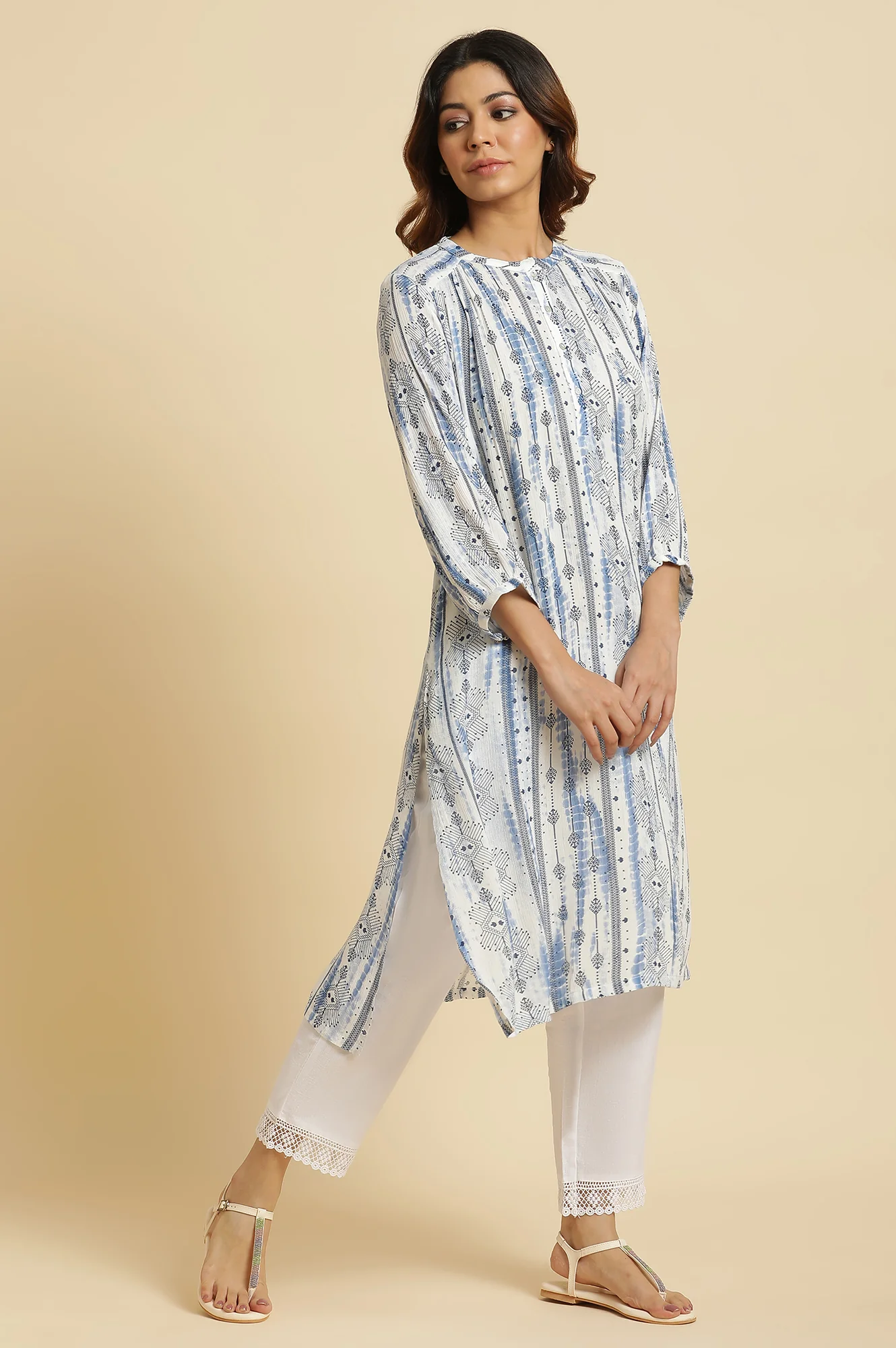 White and Blue Abstract Printed Mandarin Collar Straight Kurta - Image 6
