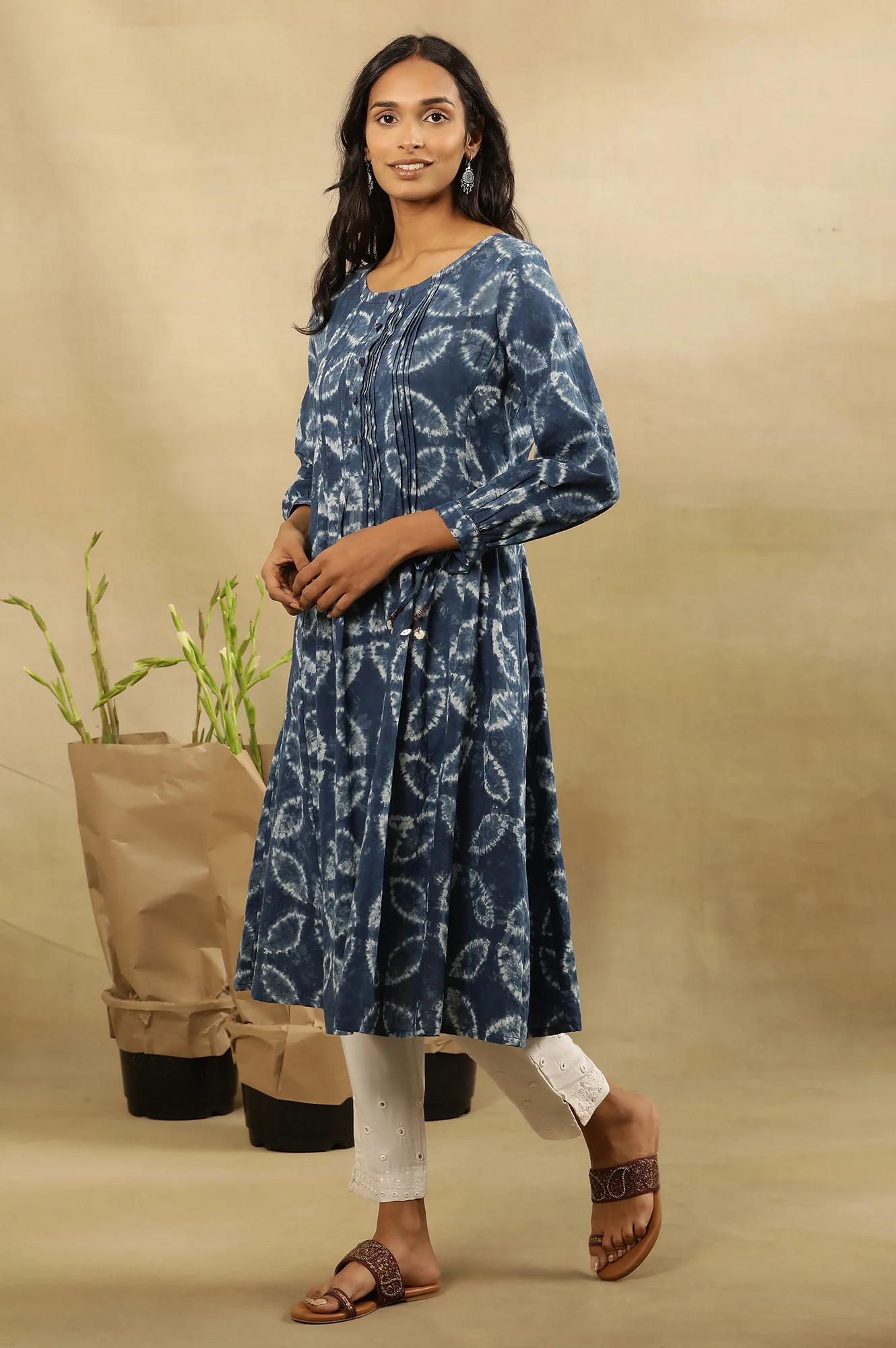Indigo Shibori Pleated Flared Dress  In Cotton Voile - Image 3