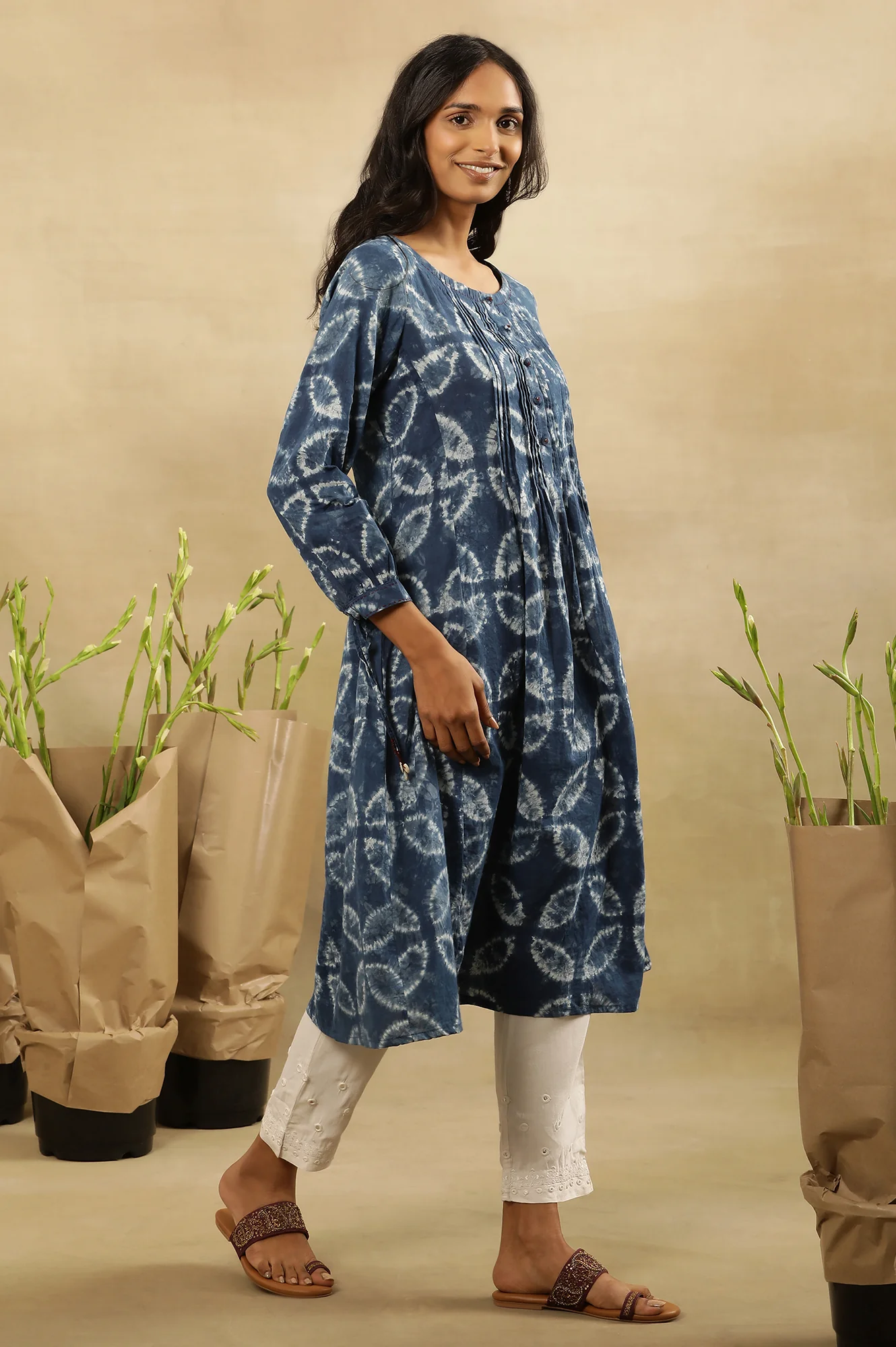 Indigo Shibori Pleated Flared Dress  In Cotton Voile - Image 5