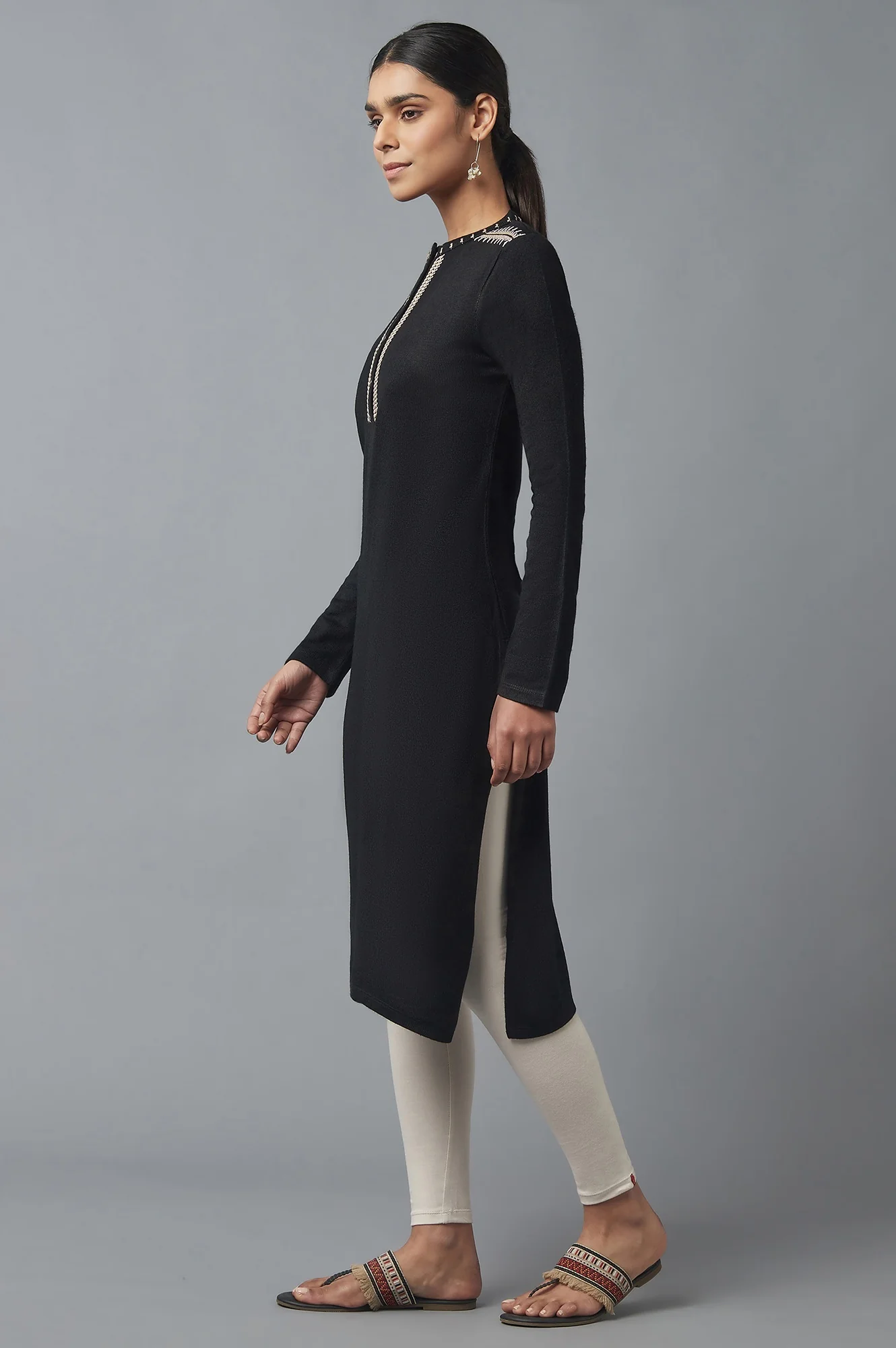 Jet Black Embroidered Winter Kurta - Image 3