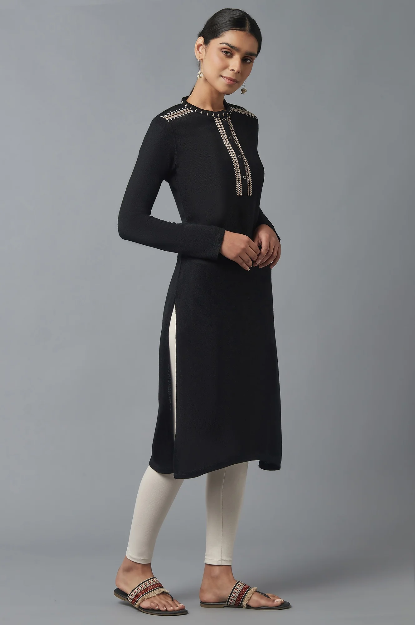 Jet Black Embroidered Winter Kurta - Image 4