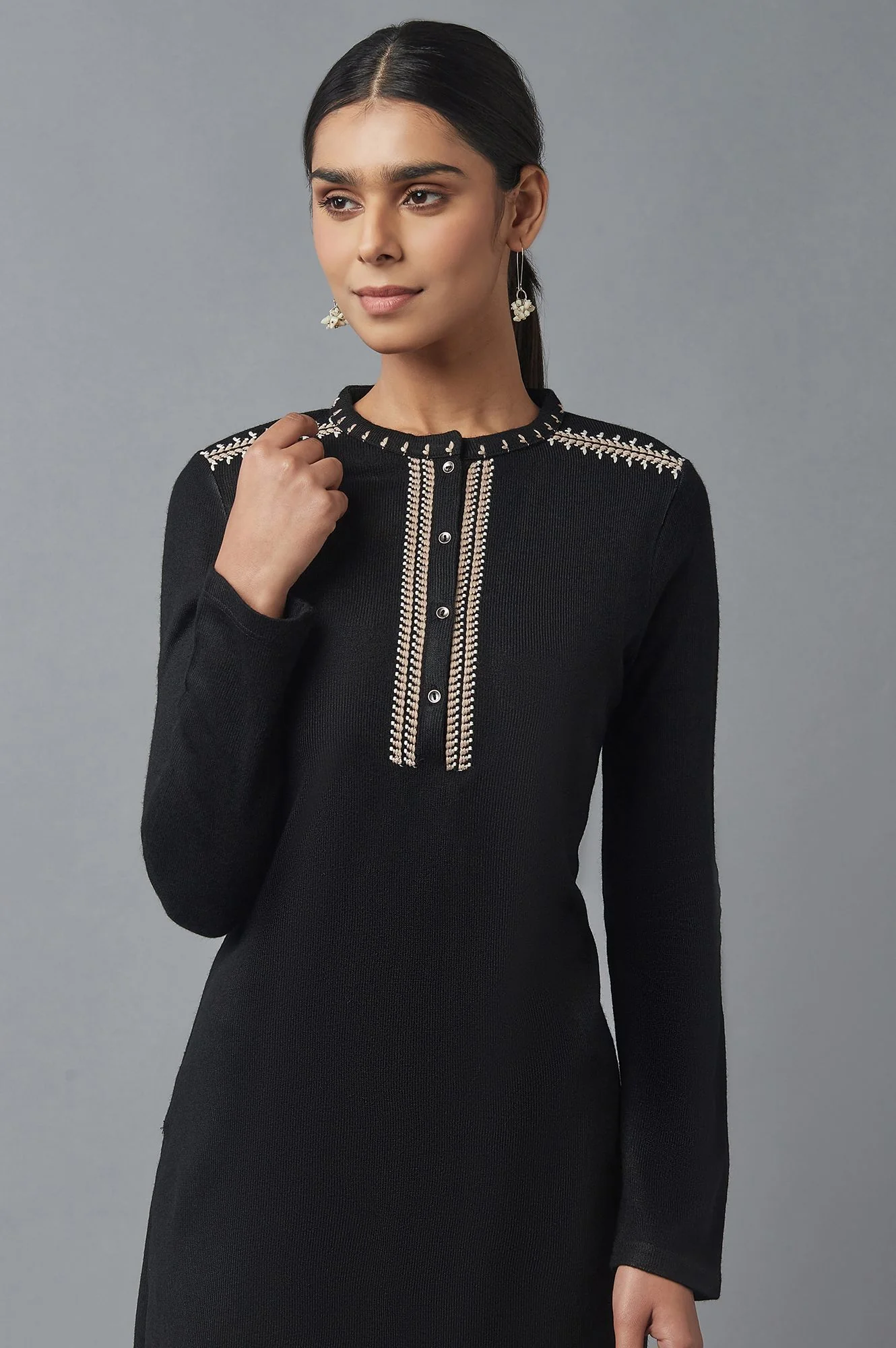 Jet Black Embroidered Winter Kurta - Image 5