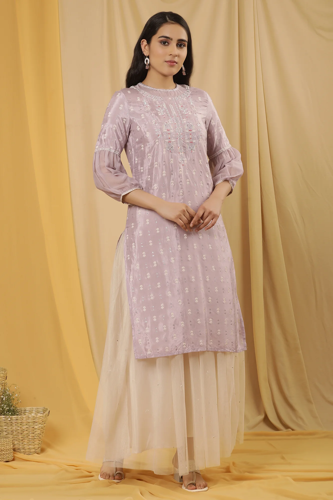 Lavender Shantung Embroidered Kurta And Mesh Skirt Set - Image 5