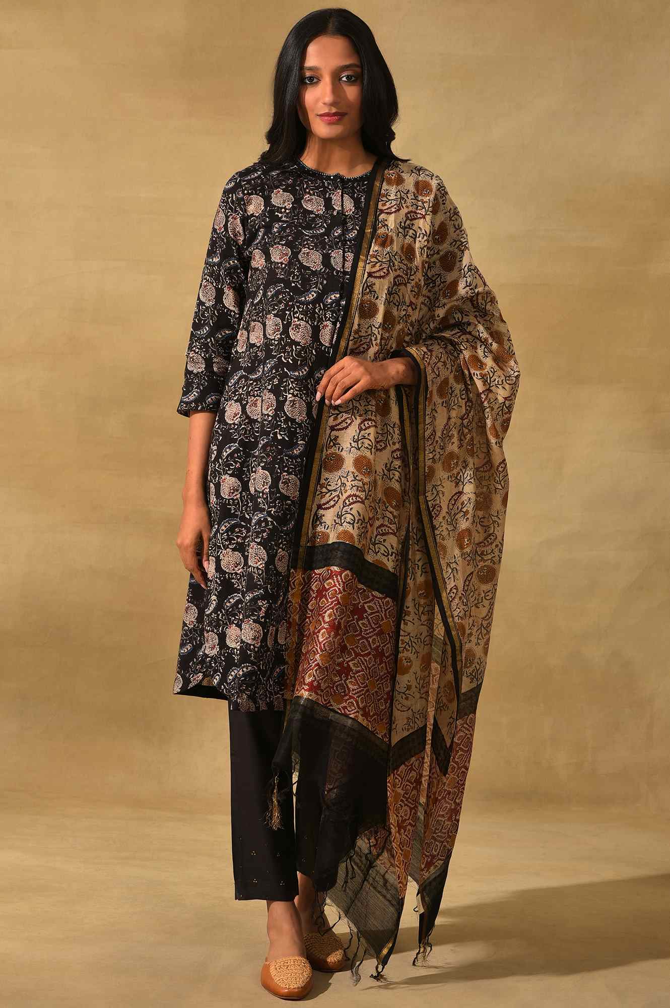 Light Beige Hand Block Printed Cotton Silk Drape - Image 2