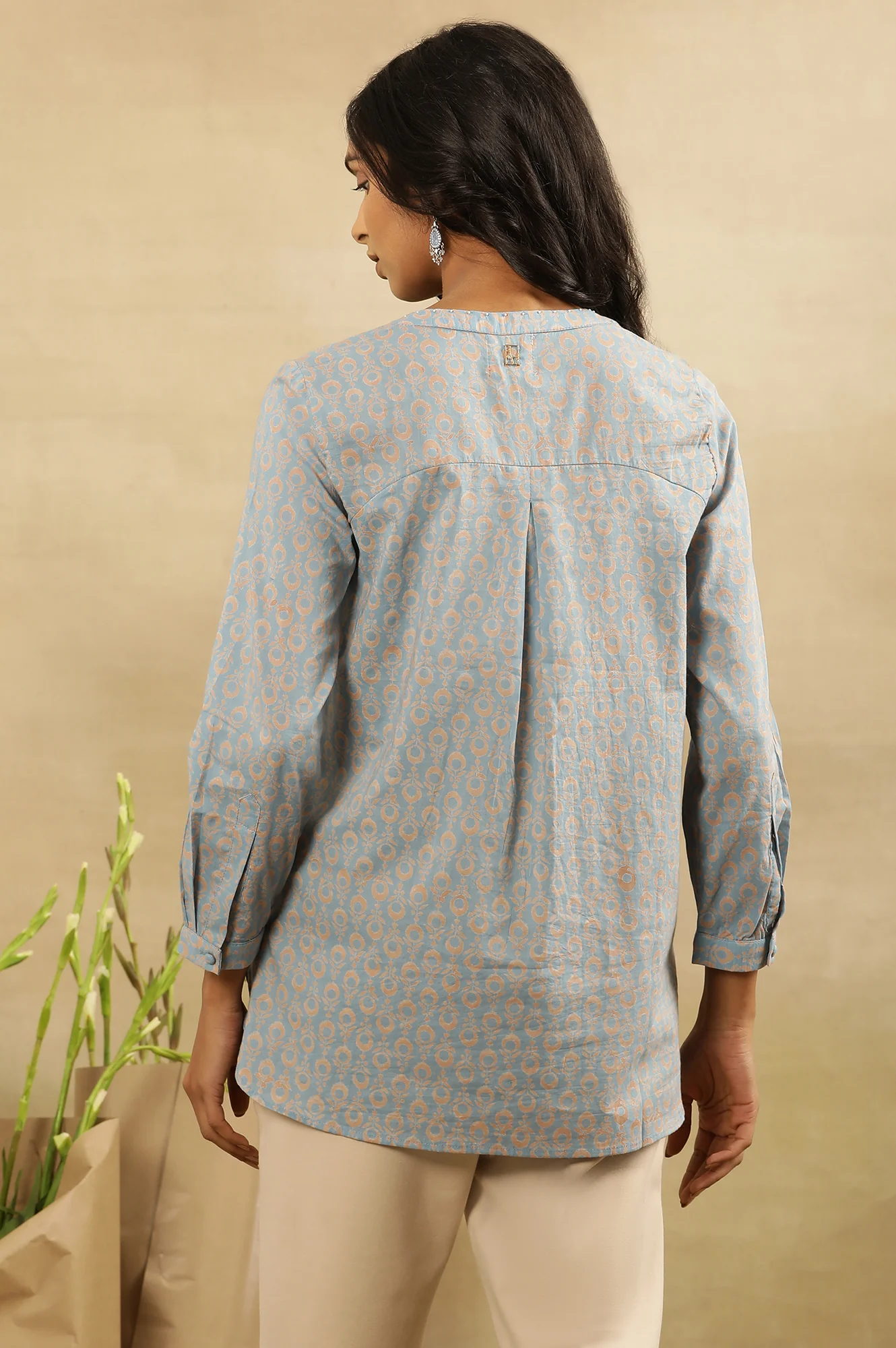 Light Blue Block Print Top With Half Placket In Cotton Voile - Image 3