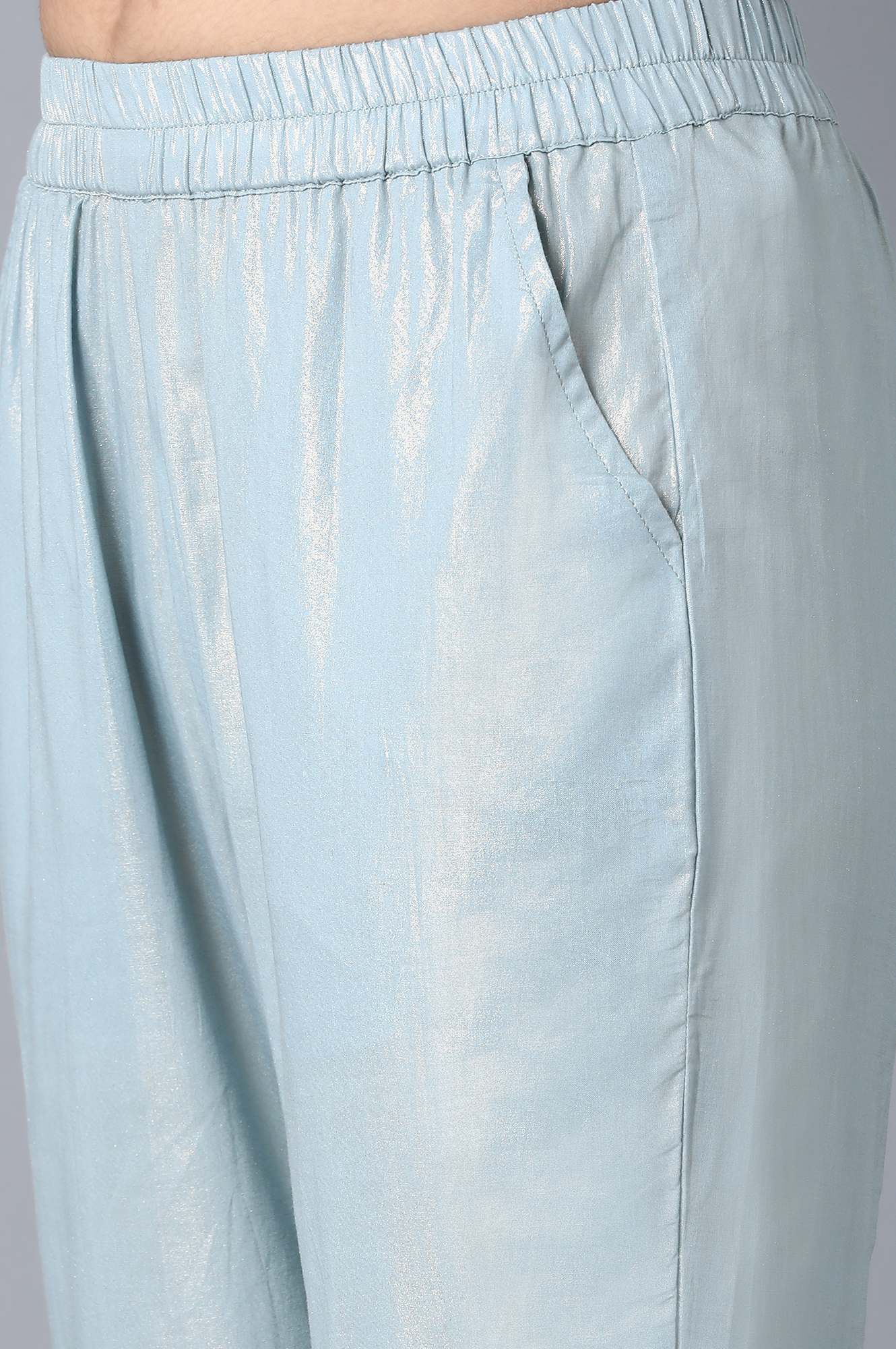 Elleven Women's Light Blue Textured Flared Cotton Palazzo With Elasticated Waist - Image 6