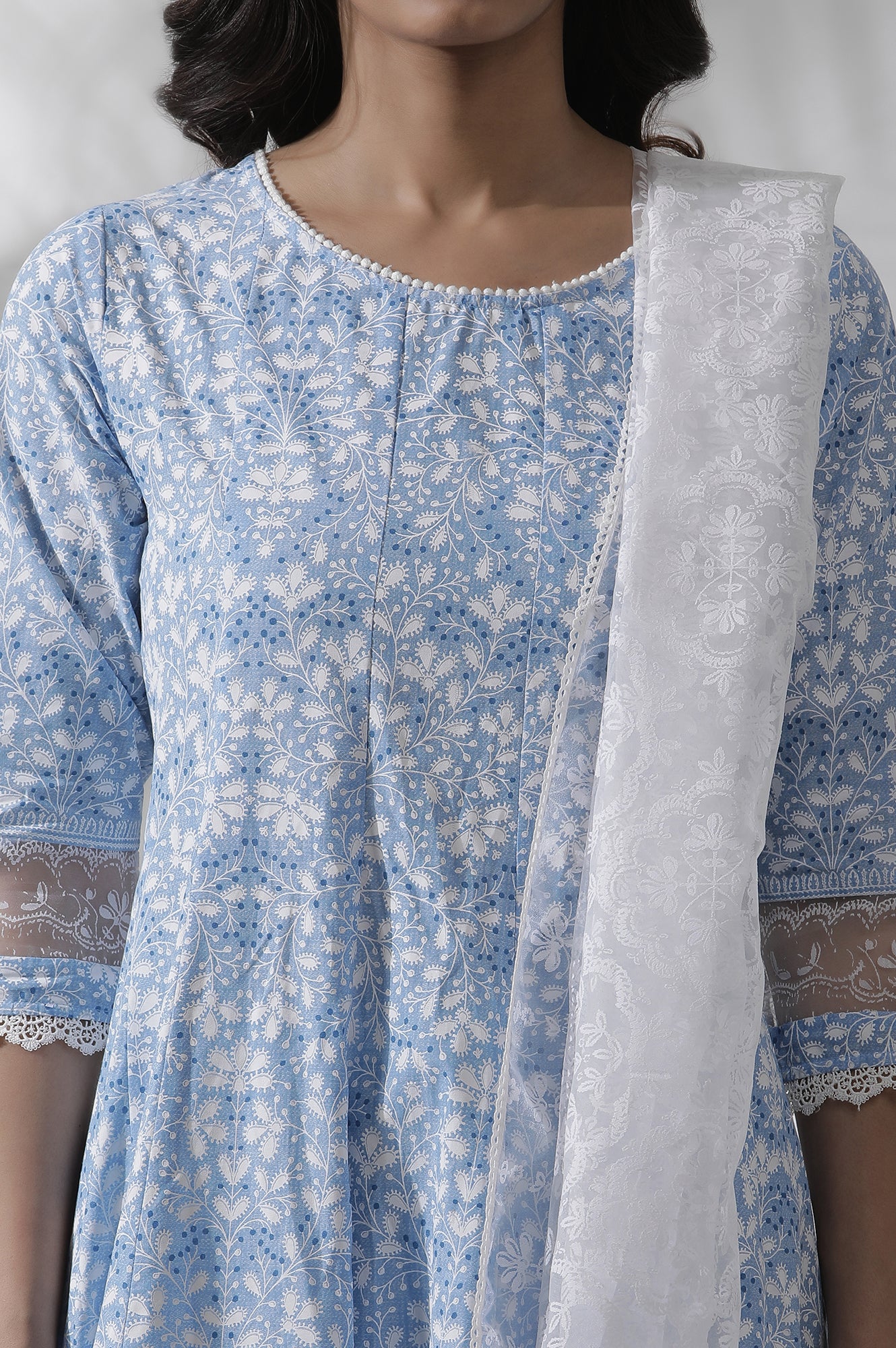 Light Blue Floral Printed Flared Kurta, Pants And Dupatta Set - Image 6