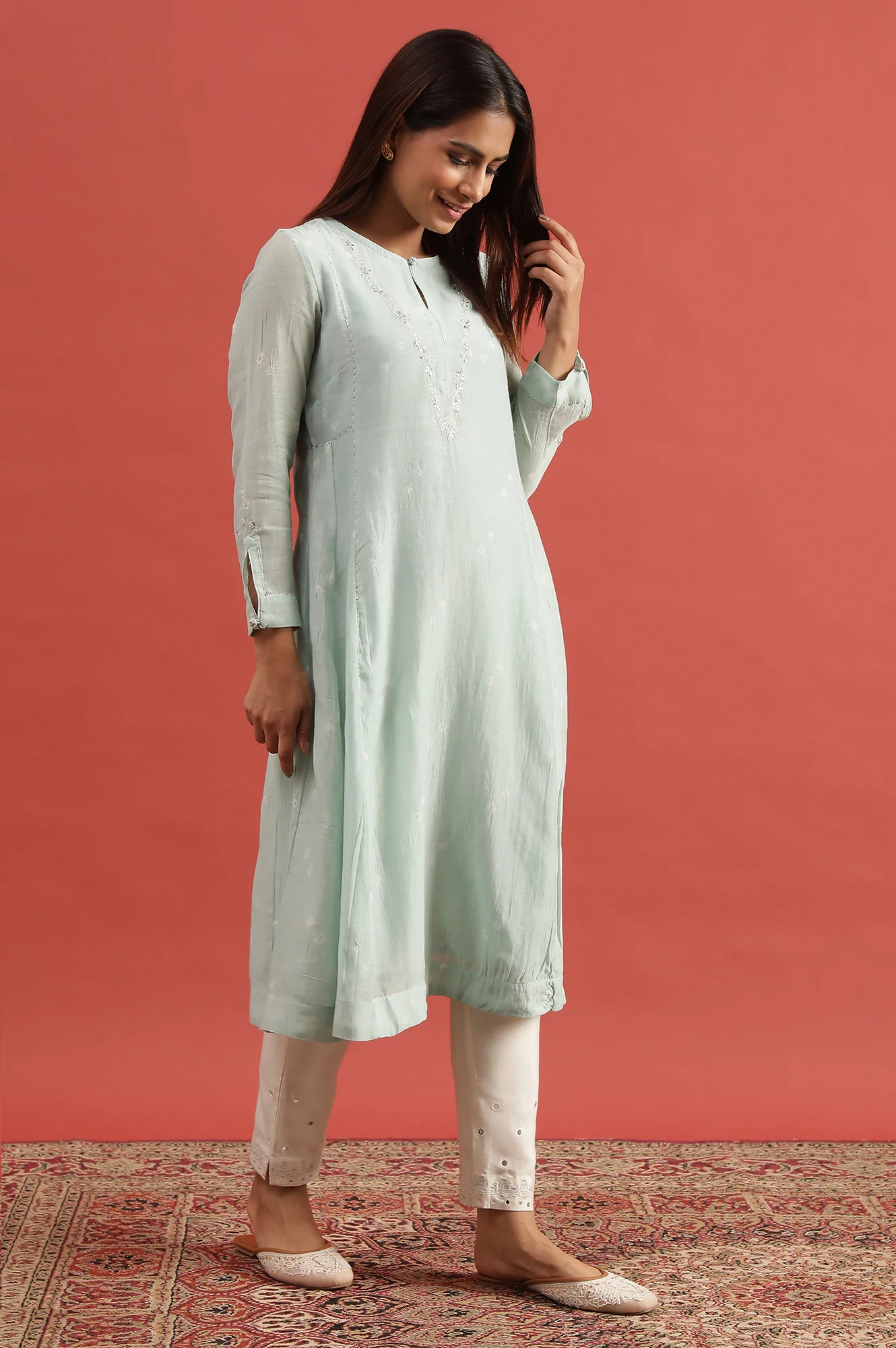 Light Blue Hand Block Print Flared Kurta - Image 4