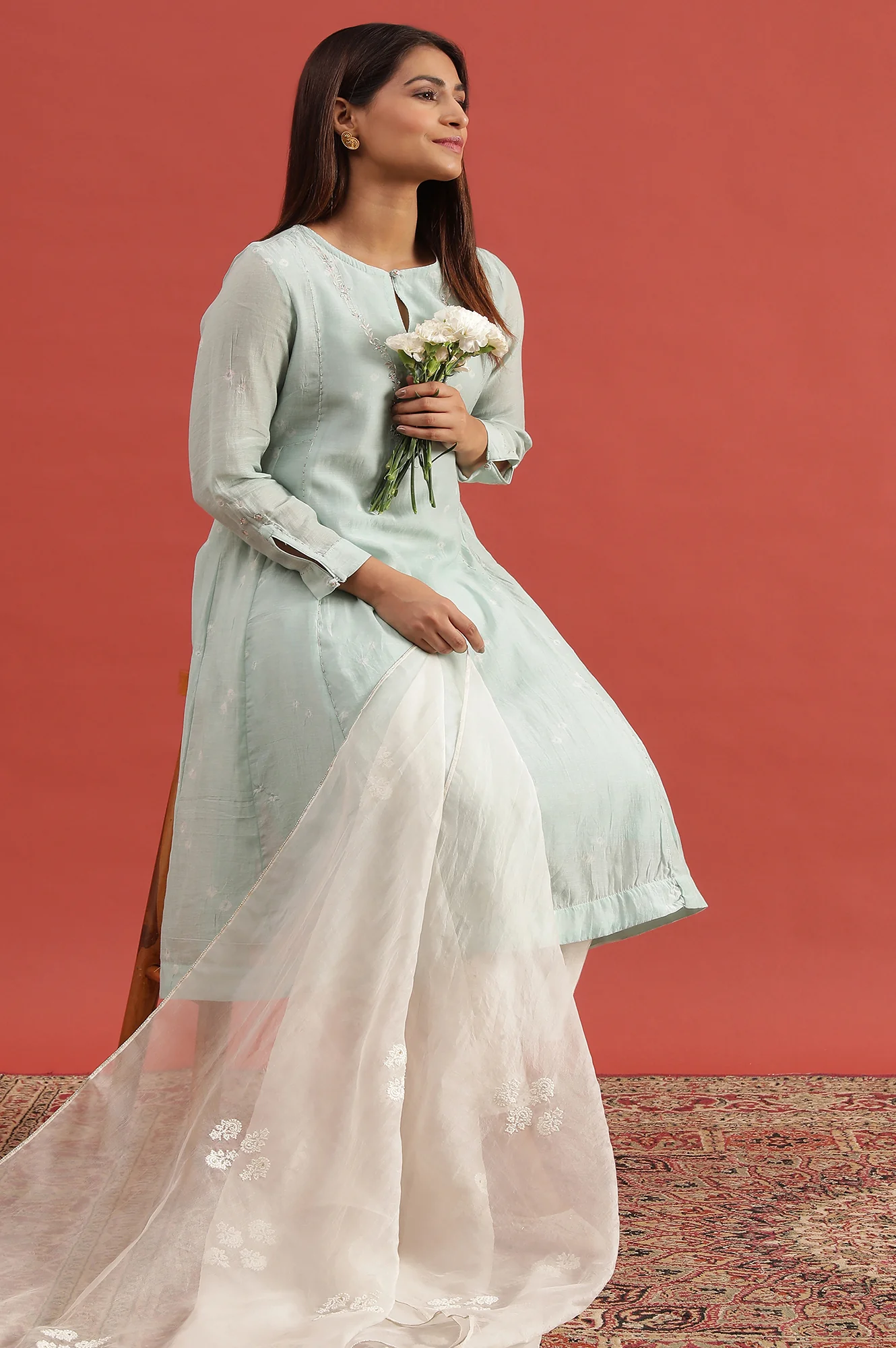 Light Blue Hand Block Print Flared Kurta - Image 5