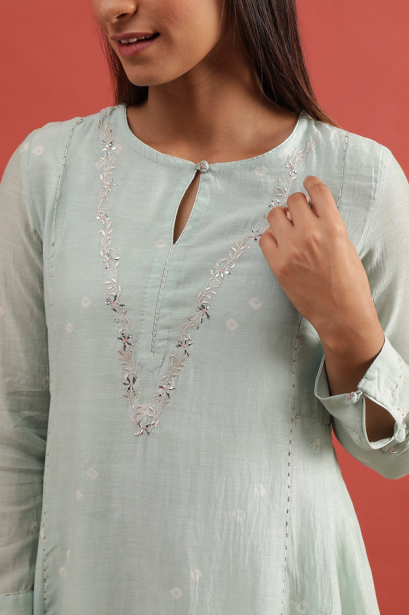 Light Blue Hand Block Print Flared Kurta - Image 6