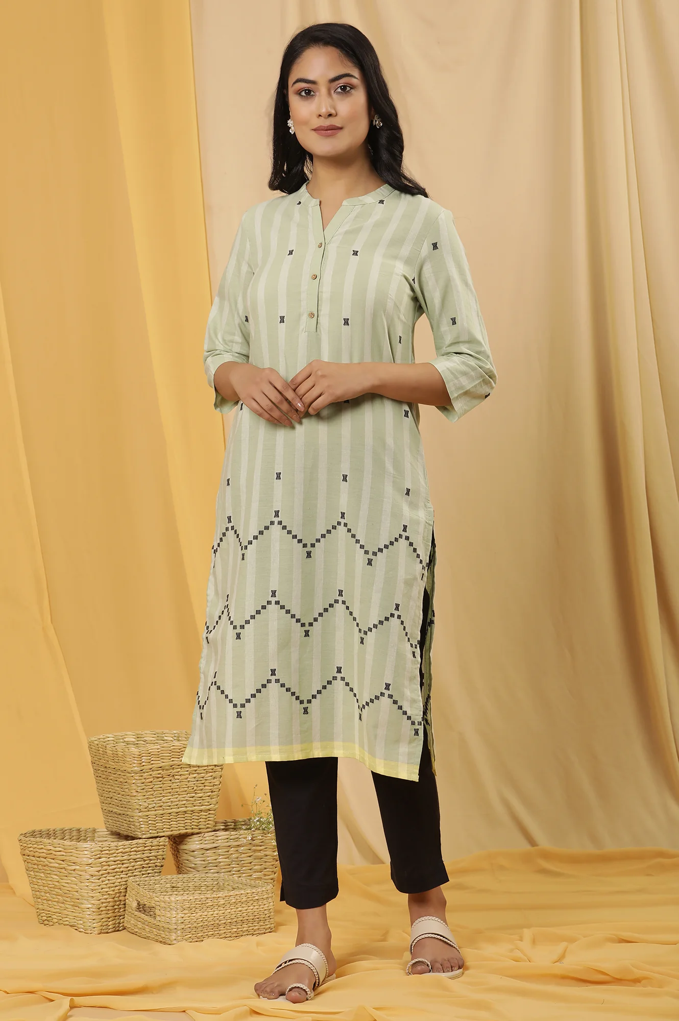 Light Green Dobby Straight Kurta And Trousers Set - Image 2