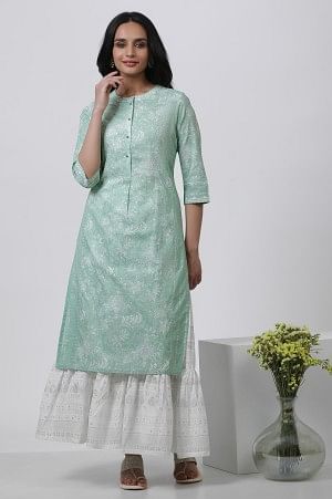 Light Green Floral Printed Kurta And Tiered Skirt - Image 2