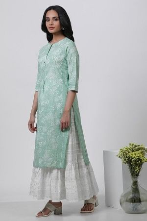 Light Green Floral Printed Kurta And Tiered Skirt - Image 3